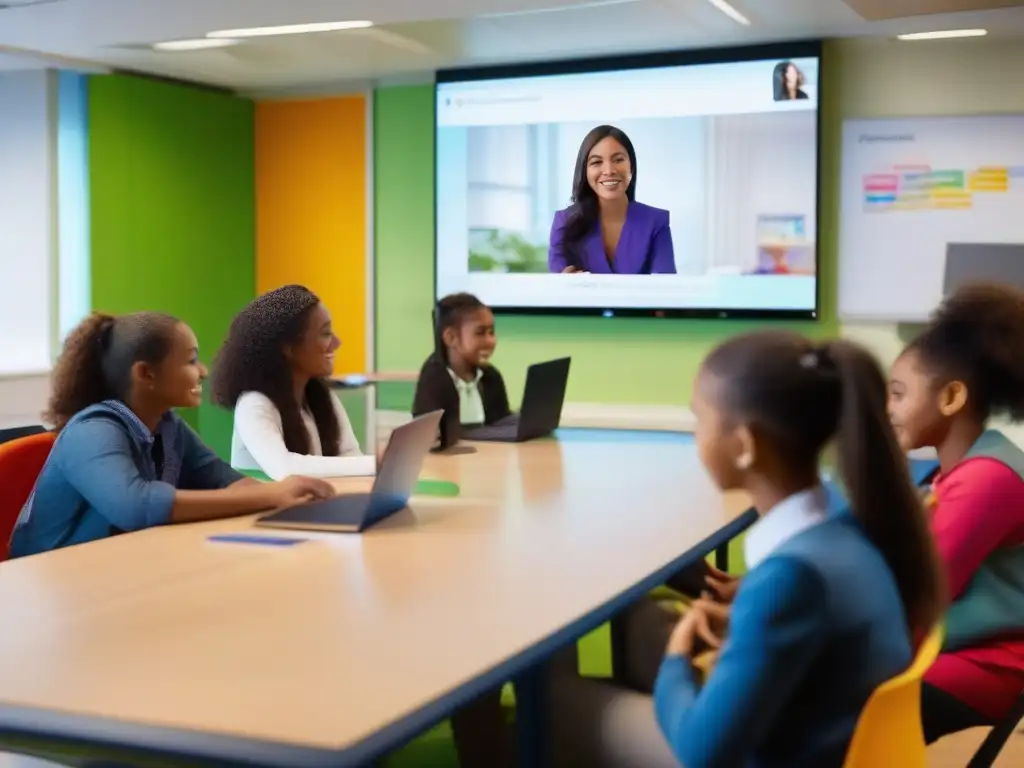 Maestro en Skype: Clase interactiva y atractiva Profesor dando una clase interactiva vía Skype con estudiantes participativos