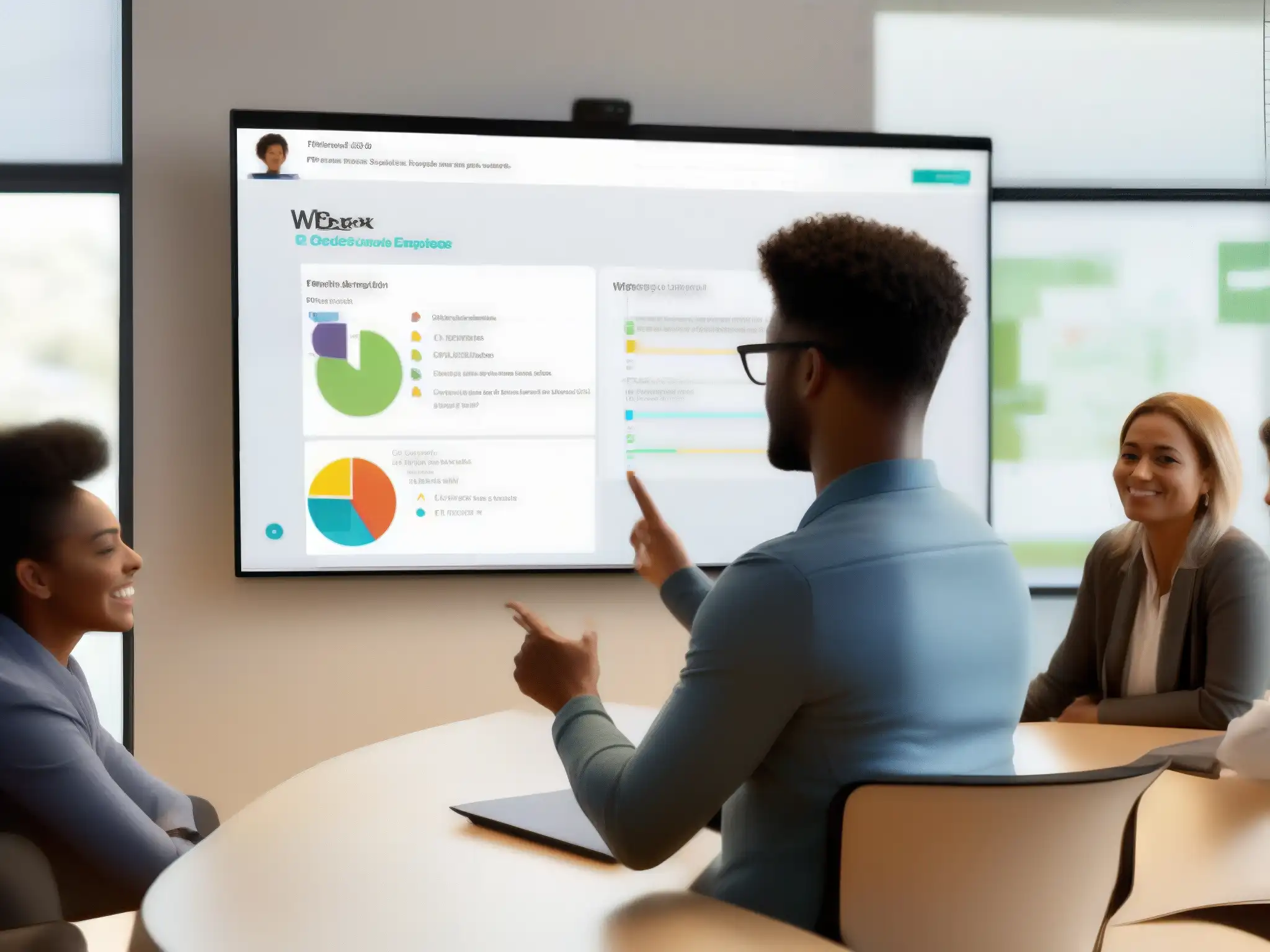 Clase virtual dinámica con Webex: formación profesional en acción Un profesor imparte una clase virtual en Webex, con estudiantes comprometidos