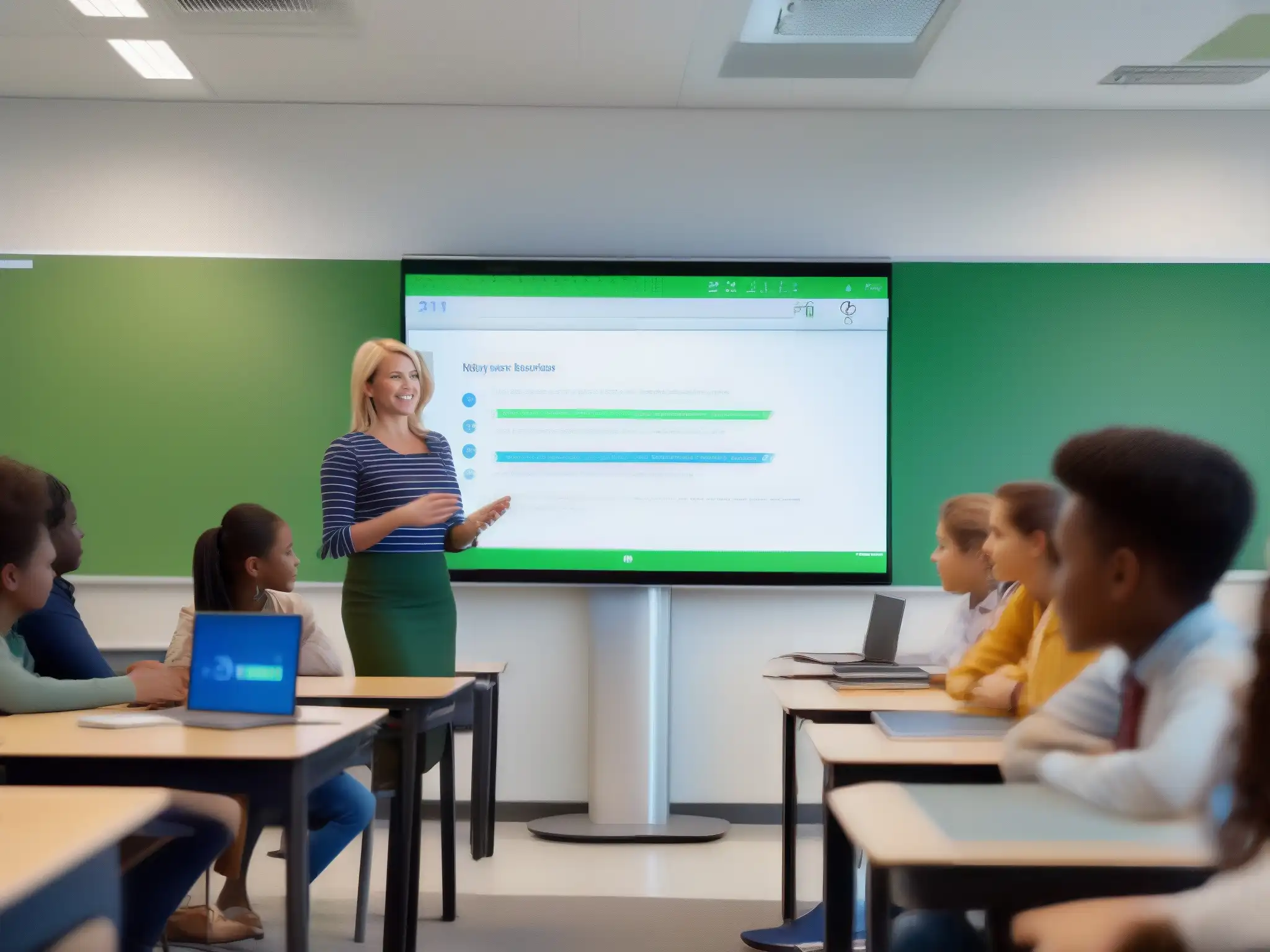 Profesor liderando aula virtual con tecnología moderna Un profesor dirige una clase virtual con herramientas de videoconferencia para aula invertida, en un entorno moderno y tecnológico