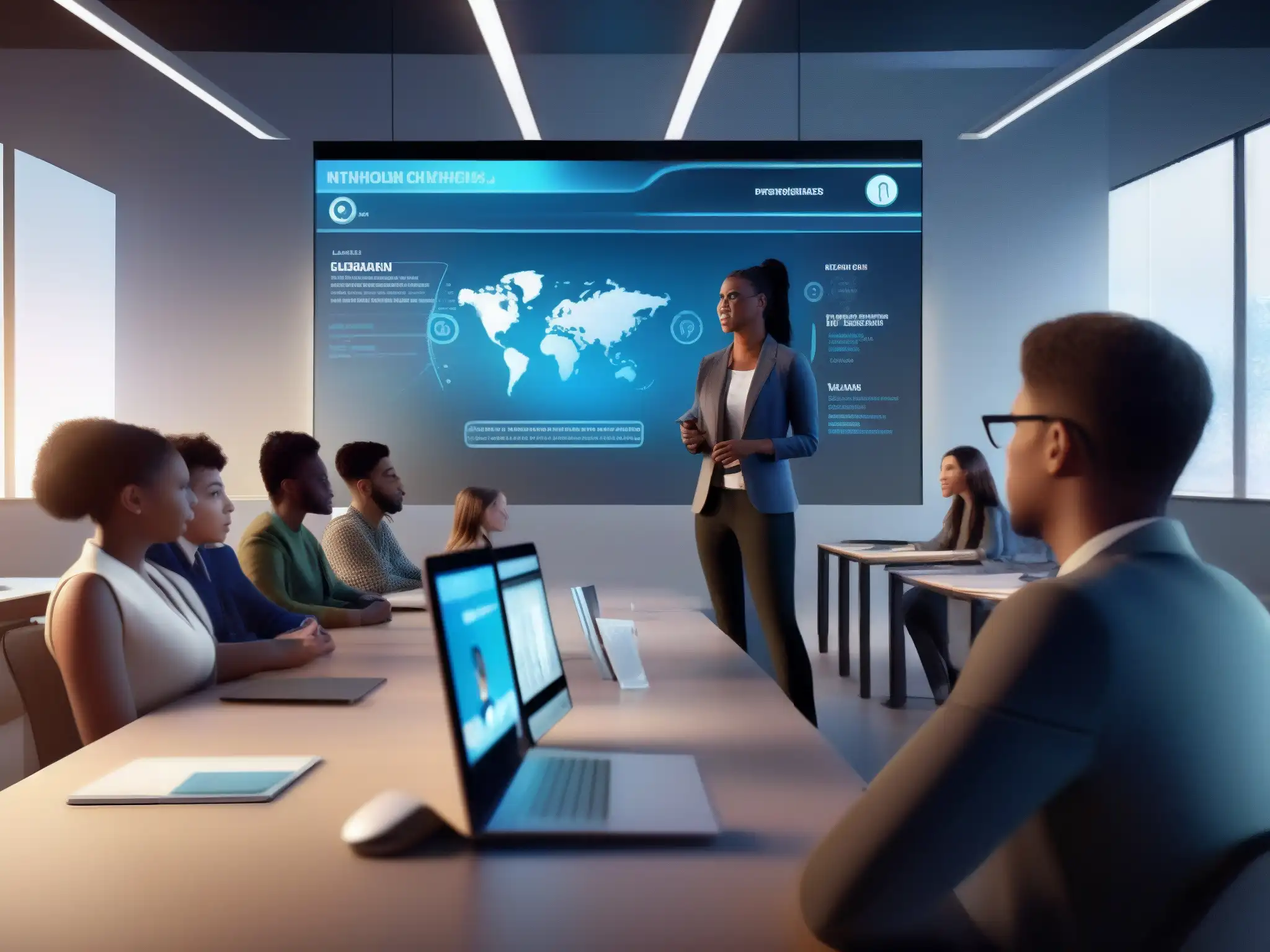 Aula virtual futurista: debate interactivo con diversidad estudiantil Profesor dirige una clase virtual dinámica y organizada