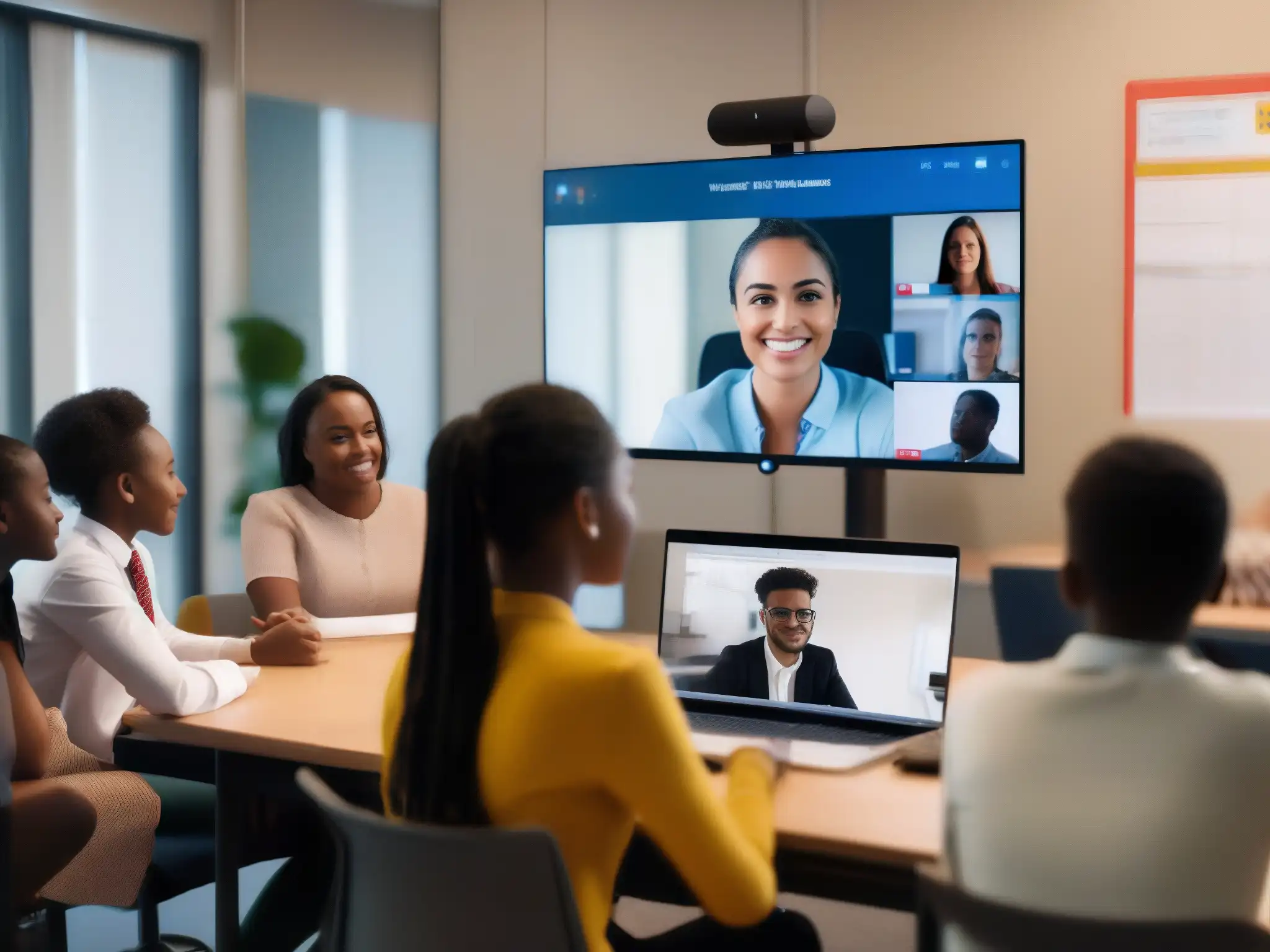 Clase virtual segura: profesor líder con estudiantes Profesor asegura protección datos alumnos en videoconferencia