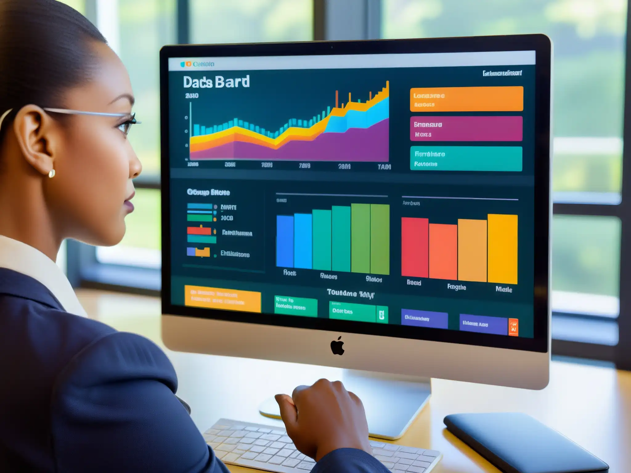 Docente analizando datos de enseñanza adaptativa en pantalla moderna Un profesor analiza datos en un panel de control de análisis de datos avanzado