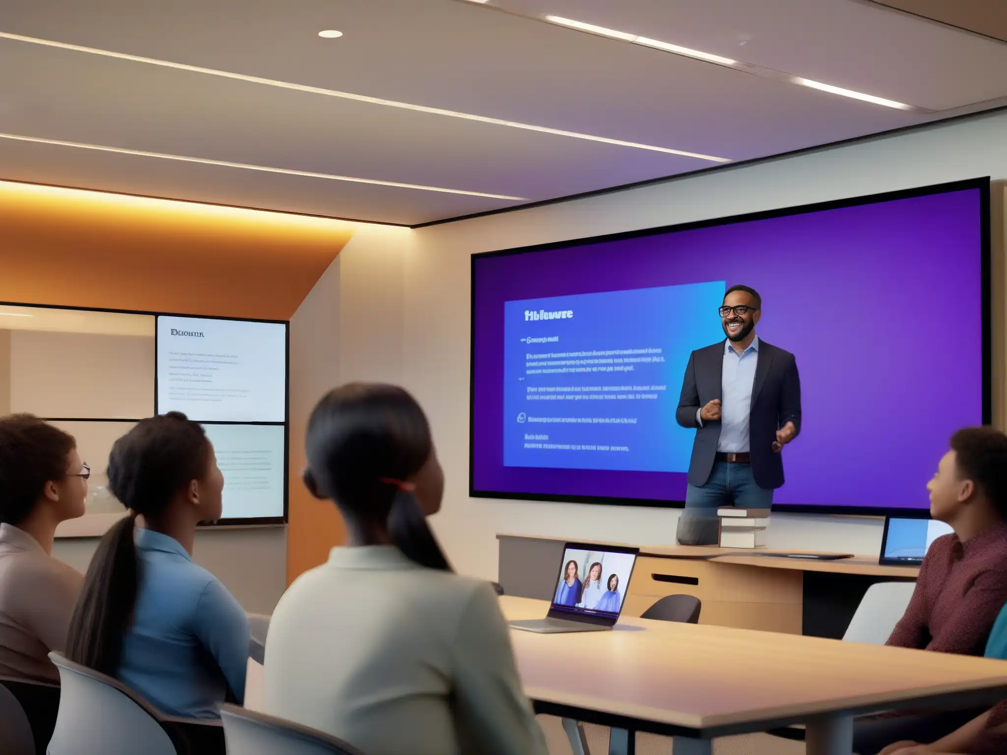 Profesor entusiasta lidera animada clase virtual con Microsoft Teams Profesor entusiasta lidera dinámica discusión en aula moderna, maximizando potencial didáctico con Microsoft Teams