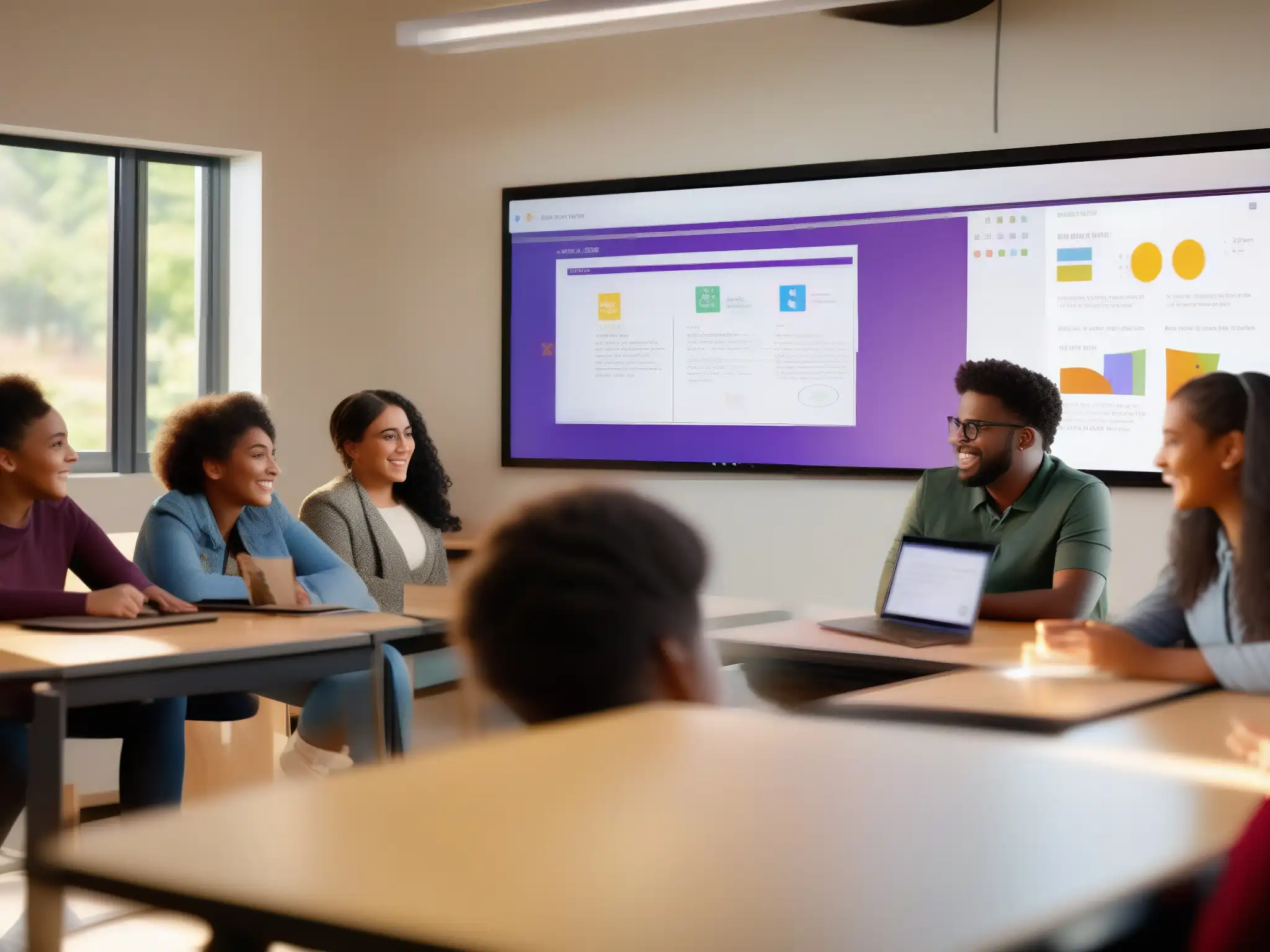 Innovación en el aula: colaboración dinámica con Microsoft Teams Profesor y estudiantes usan Microsoft Teams en una animada clase