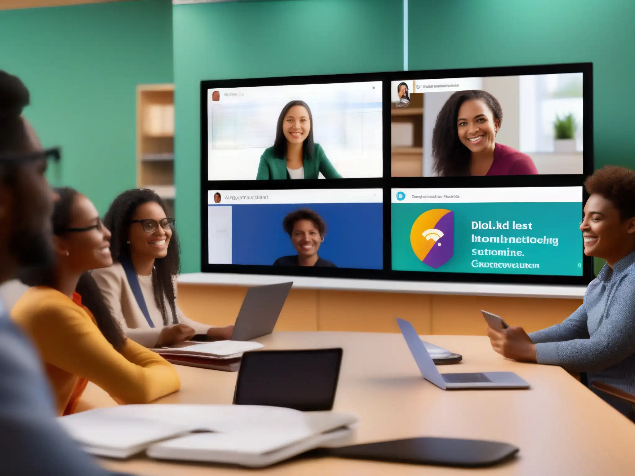 Clase virtual interactiva: aprendizaje dinámico y colaborativo Profesor y estudiantes participan en una animada discusión en aula virtual con Herramientas de videoconferencia para educación