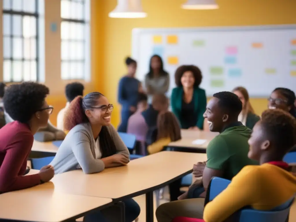 Intercambio dinámico en aula: alumnos y maestro participan activamente Profesor y estudiantes participando en una animada discusión en un aula iluminada, con carteles educativos coloridos en las paredes