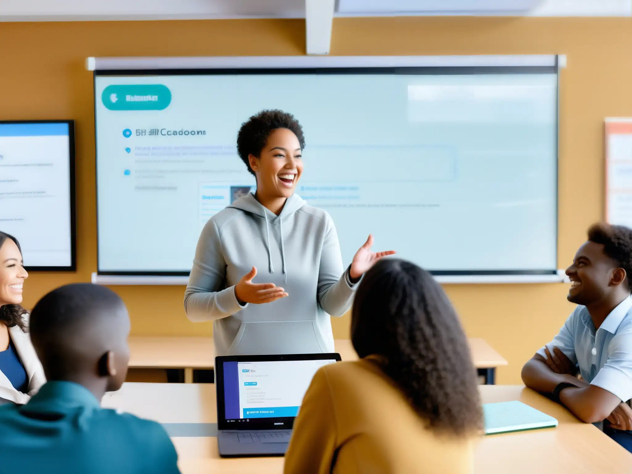 Clase virtual animada con Jitsi Meet: aprendizaje colaborativo Profesor y estudiantes participan en una animada discusión en Jitsi Meet