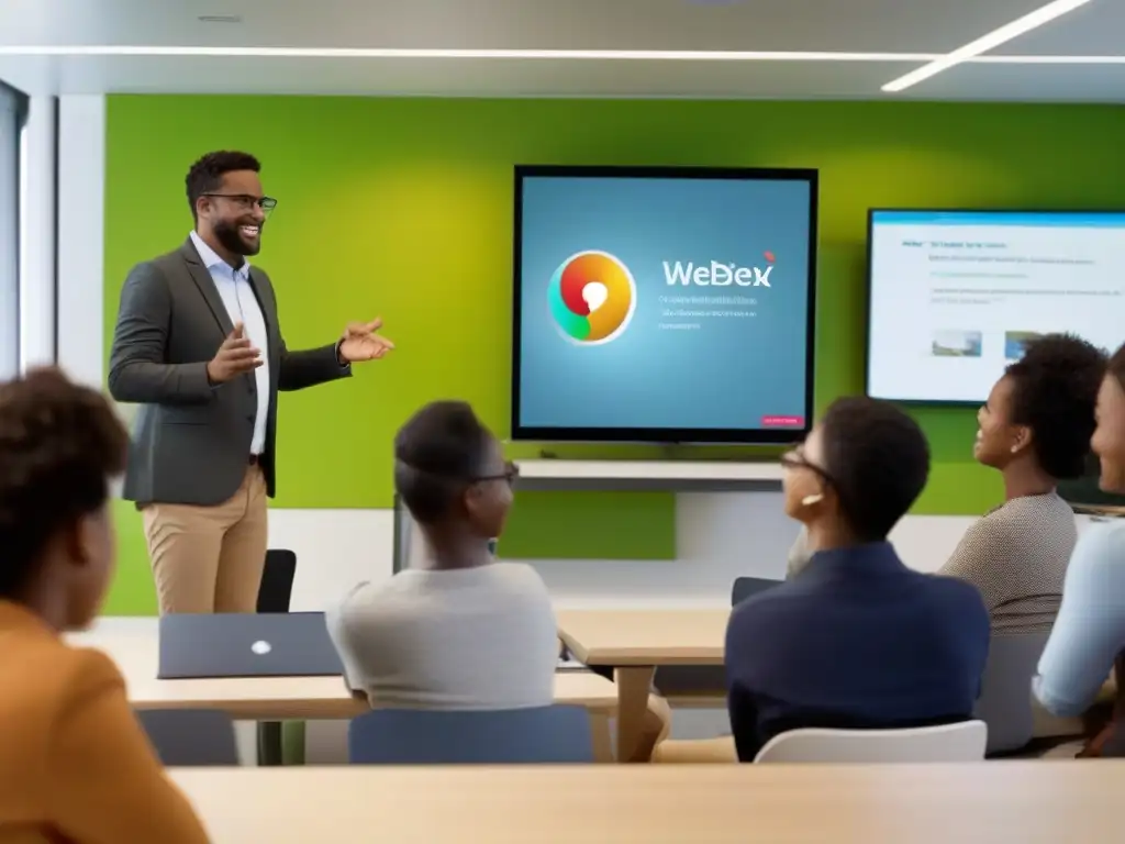 Interacción dinámica en aula moderna con Webex en pantalla Profesor y estudiantes participan en animada discusión en aula moderna con Webex en pantalla grande