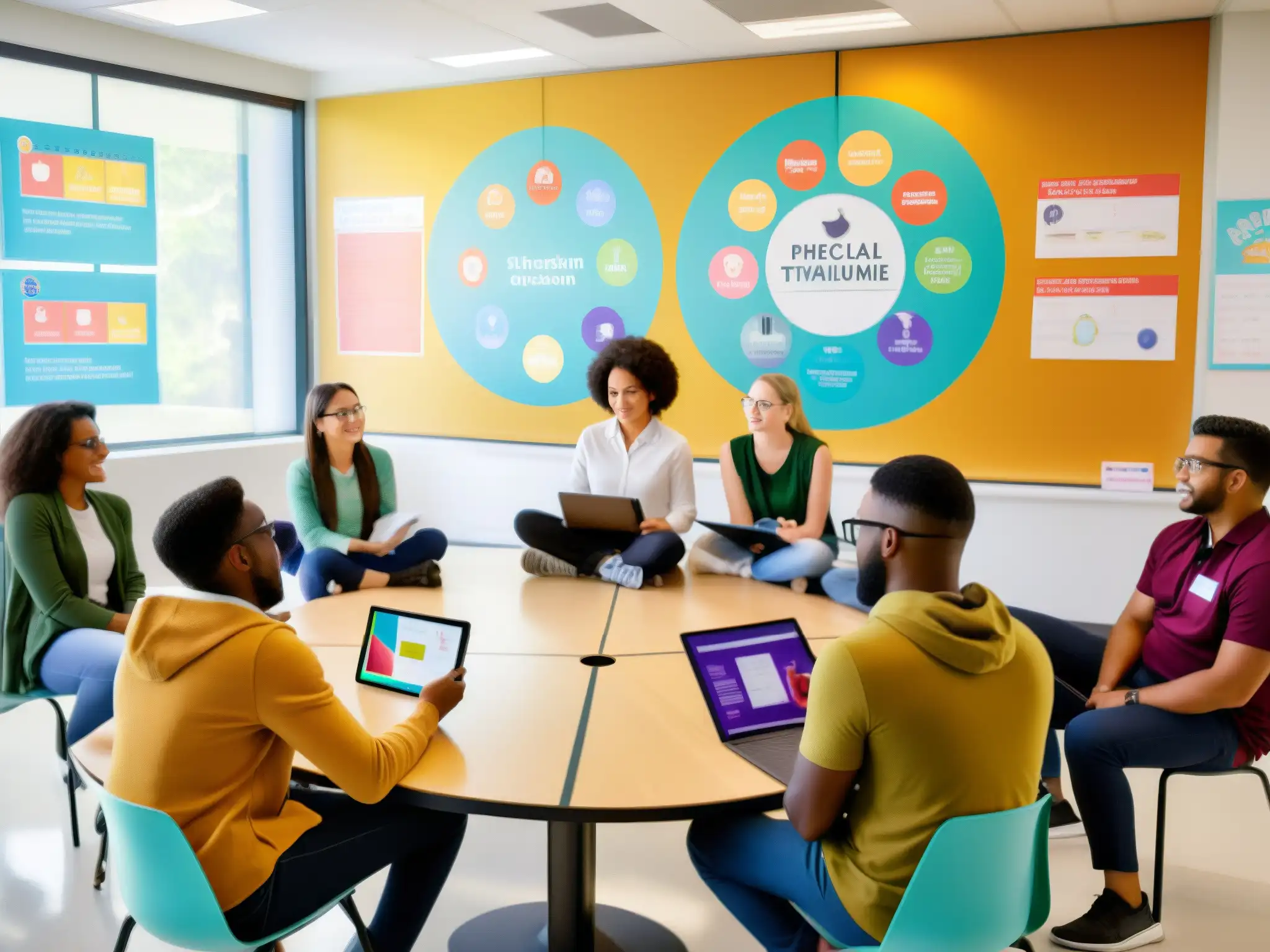 Vibrante colaboración estudiantil con Webex Profesor y estudiantes colaboran en un animado debate en aula moderna con tablets y laptops
