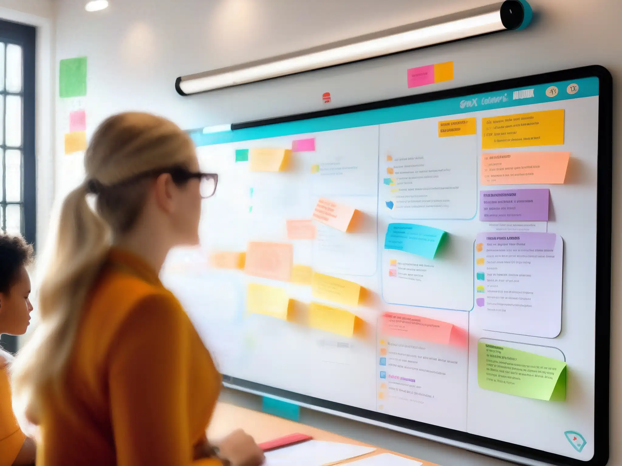 Colaboración educativa eficaz con Asana: aula dinámica y organizada Profesor y estudiantes colaboran en un aula llena de mapas mentales y listas de tareas, organizados con Asana