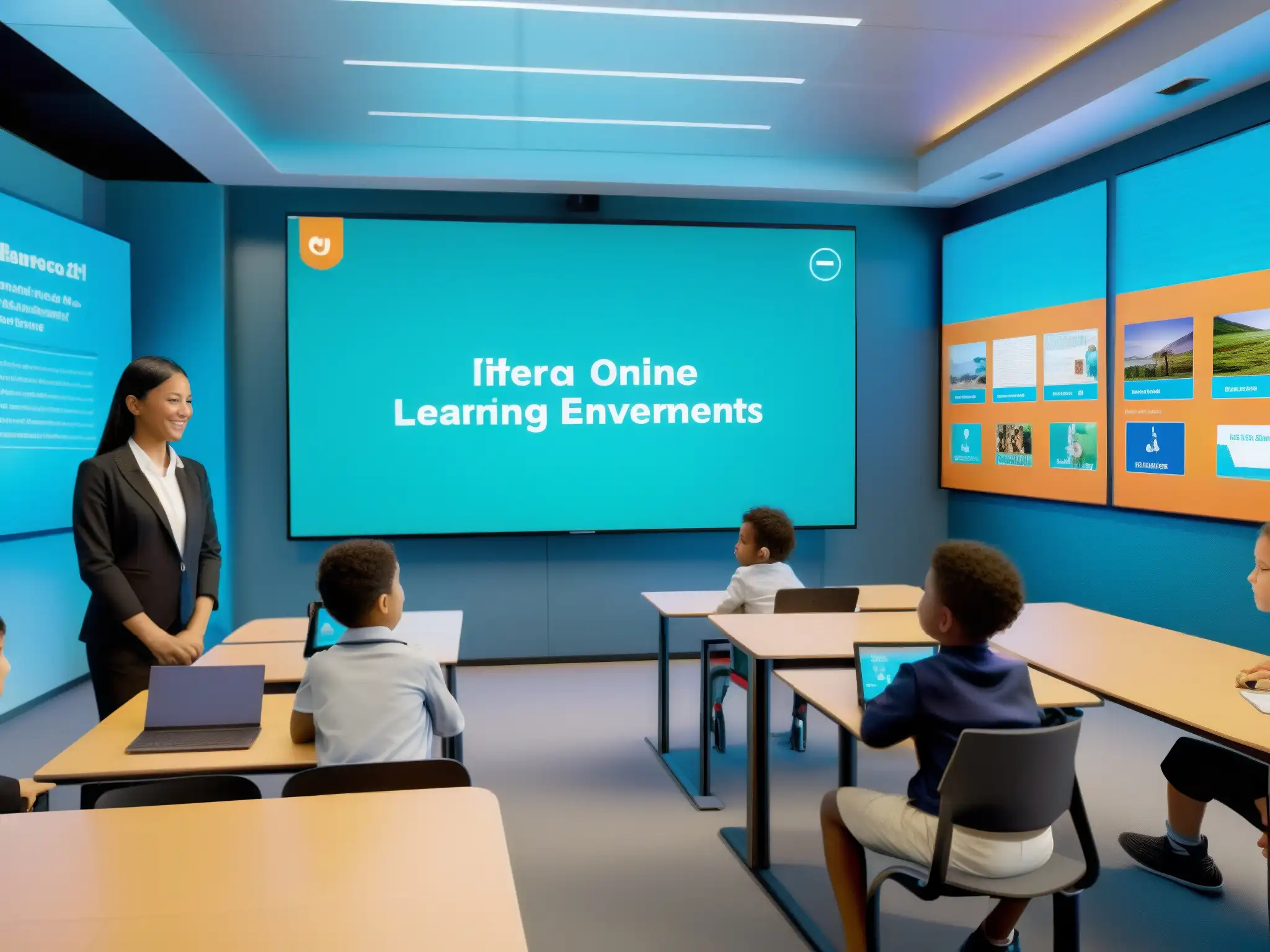 Clase virtual dinámica: aprendizaje interactivo y diversidad Profesor y estudiantes interactúan en aula virtual con fondos virtuales y filtros videoconferencia, creando un entorno dinámico y enriquecedor