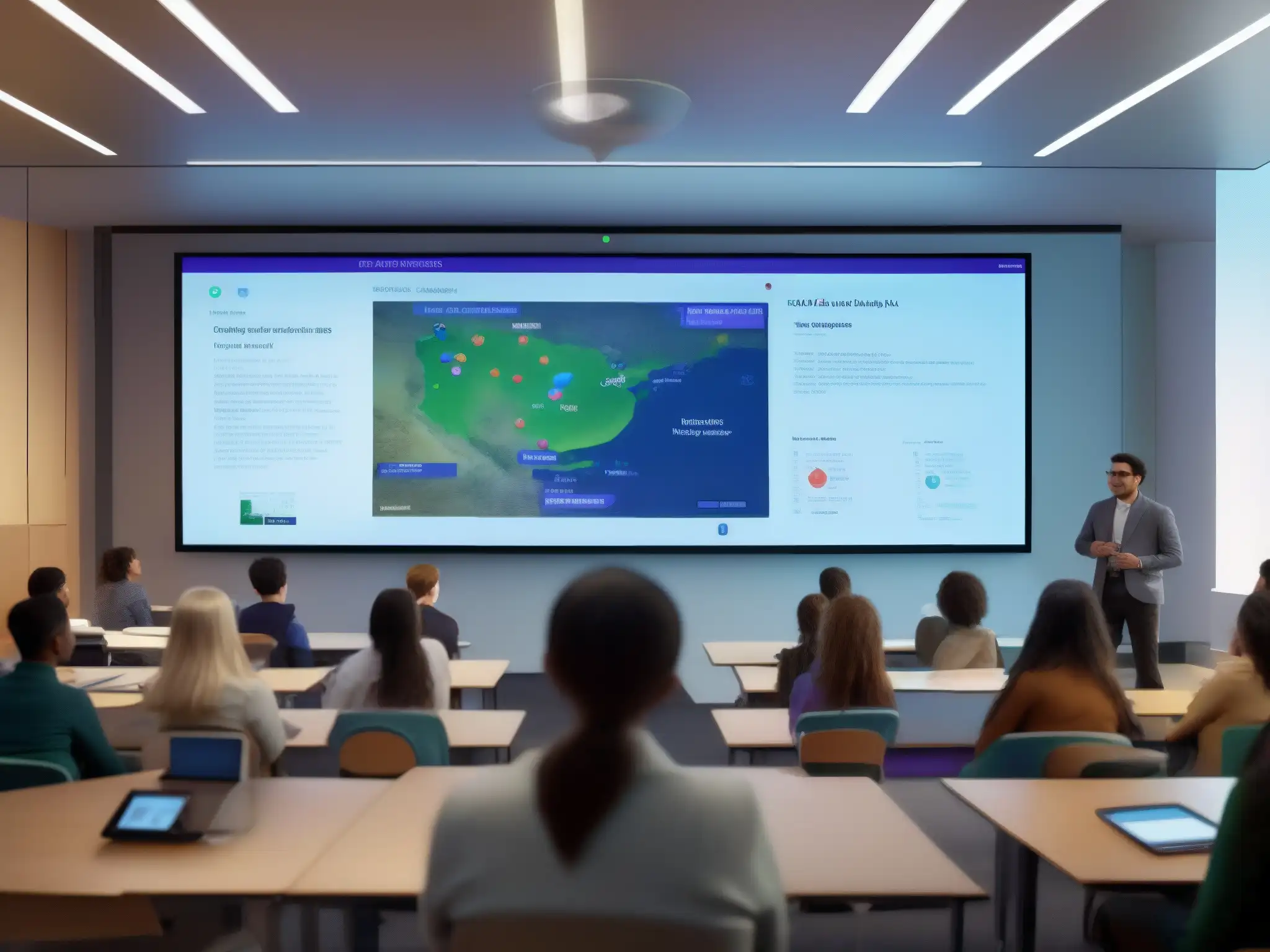 Aula universitaria híbrida: integración tecnológica Profesor interactuando con estudiantes en aulas físicas y virtuales, demostrando plataformas videoconferencia híbridas implementando universidades