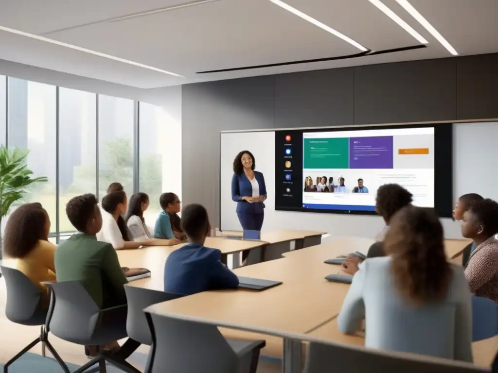Clase interactiva con tecnología de videoconferencia de Microsoft Teams 'Profesor y estudiantes participando en una clase interactiva con las mejores herramientas de videoconferencia para educadores'