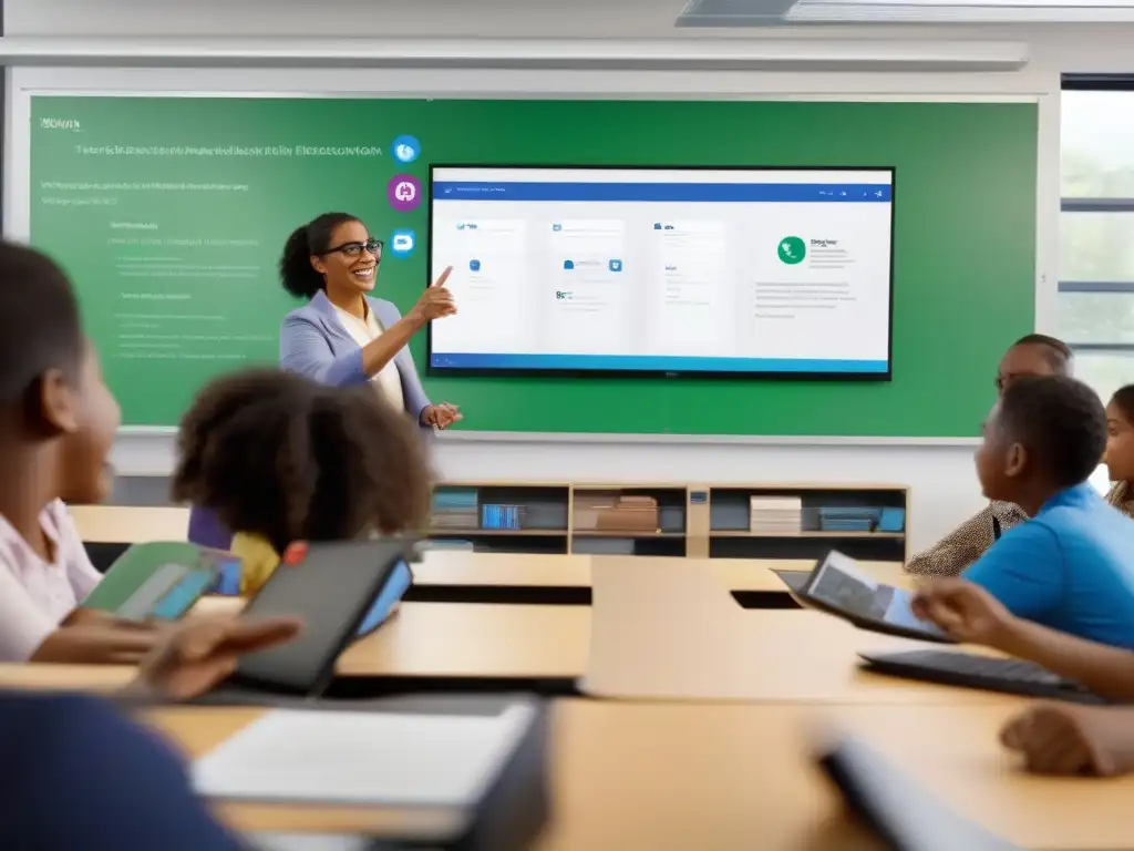 Aula digital con Microsoft Teams: aprendizaje interactivo y colaborativo Profesor y estudiantes usan Microsoft Teams para una clase interactiva