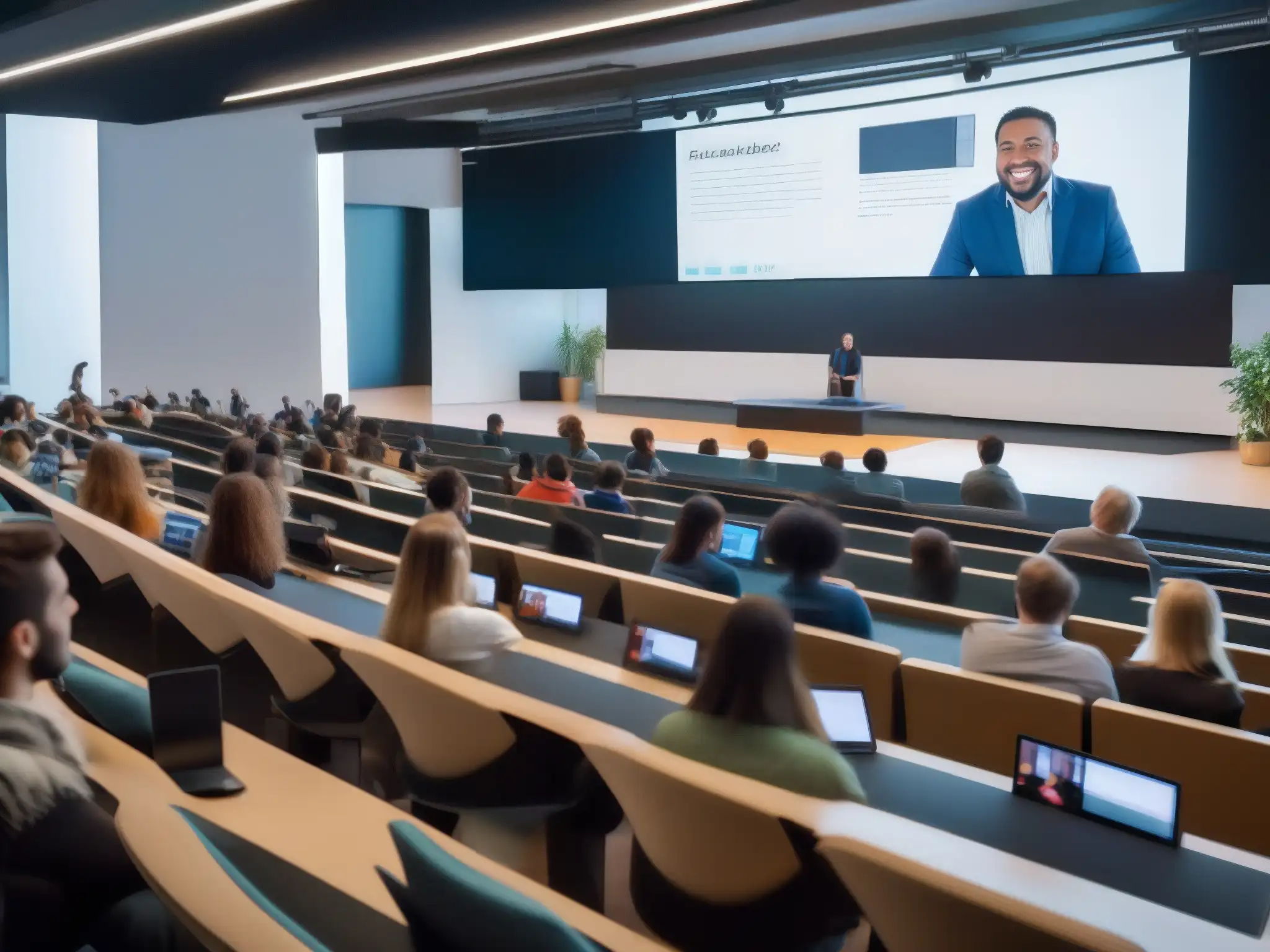 Clase híbrida: estudiantes presenciales y virtuales interactúan Profesor y estudiantes participando en una conferencia híbrida de universidades, con plataformas de videoconferencia implementadas
