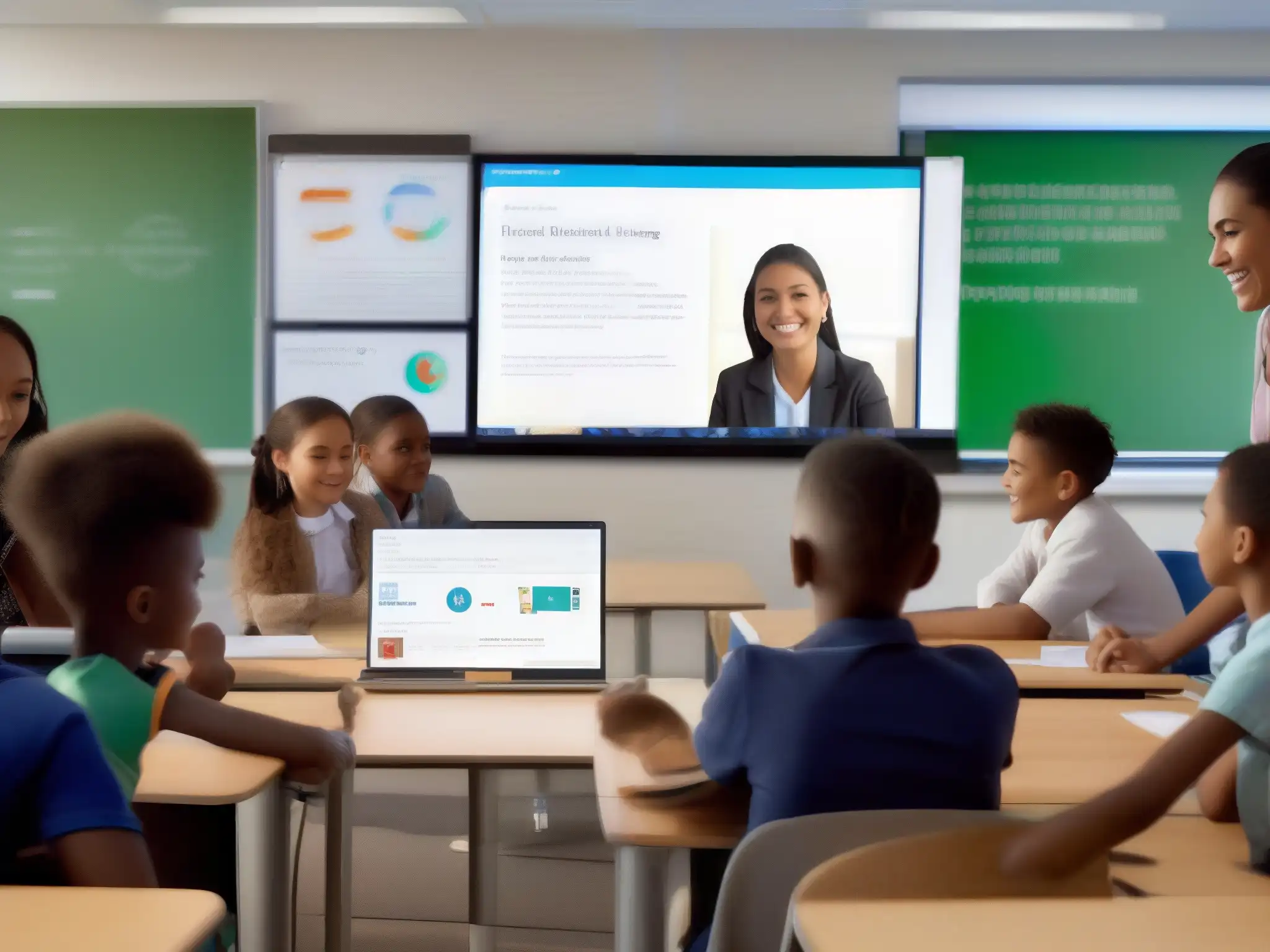 Clase virtual dinámica con alta calidad de video Profesor y estudiantes participando en una dinámica videoconferencia educativa de alta calidad