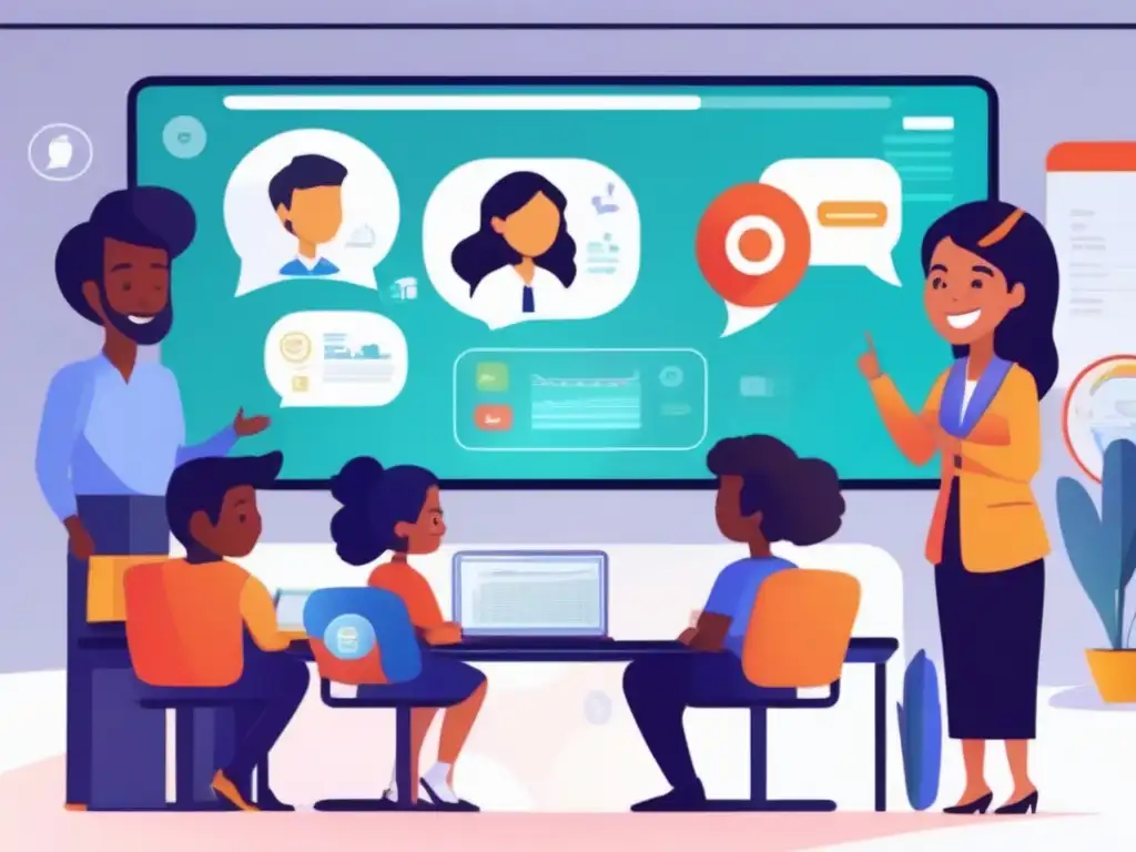 Aula virtual interactiva: diversidad y dinamismo en el aprendizaje Profesor y estudiantes diversidad étnica colaborando en aula virtual con mejores herramientas colaboración clases virtuales