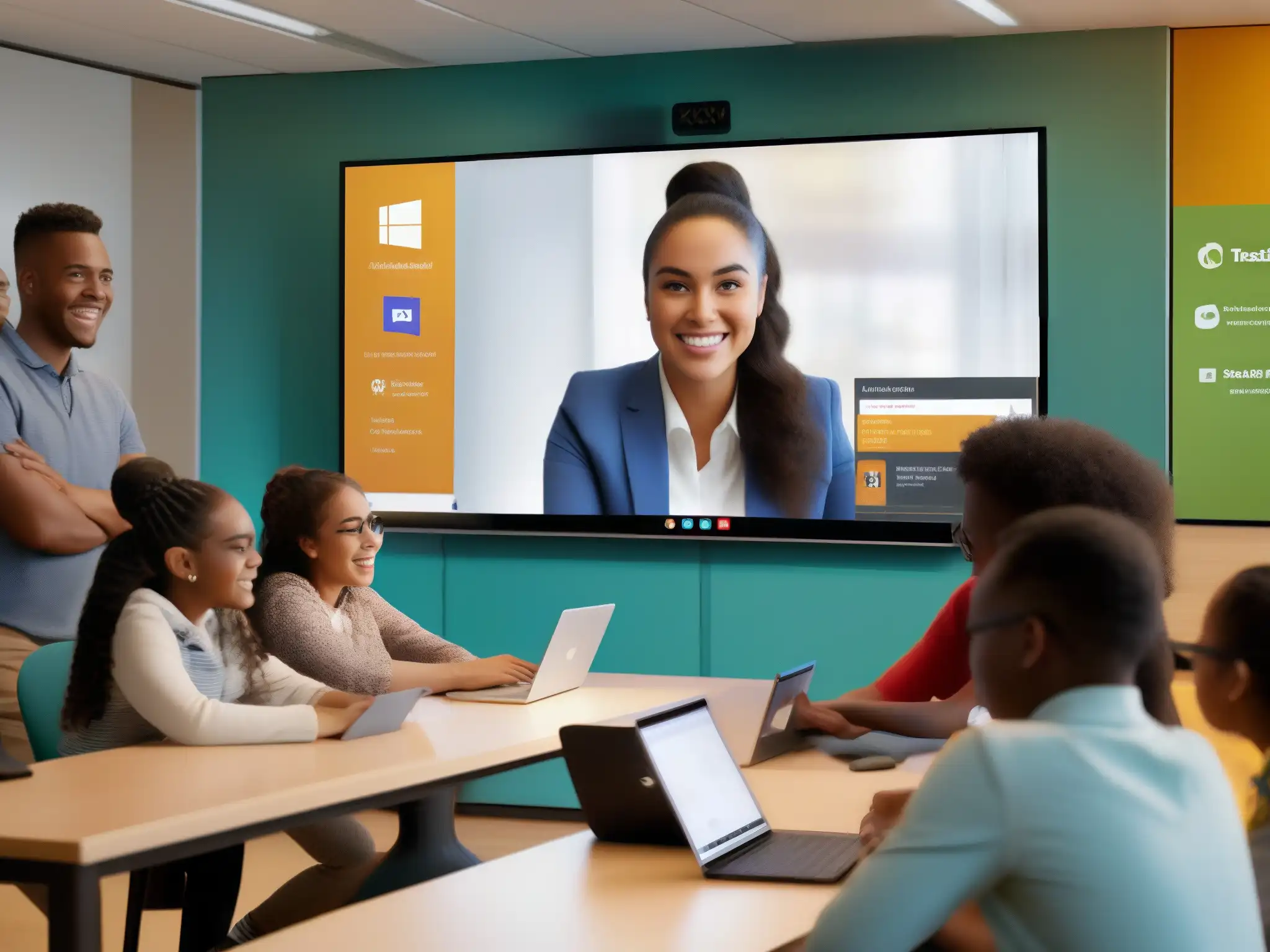 Clase dinámica con Microsoft Teams: aprendizaje colaborativo Profesor y estudiantes participando con entusiasmo en una discusión dinámica en un aula moderna con Microsoft Teams, maximizando potencial didáctico