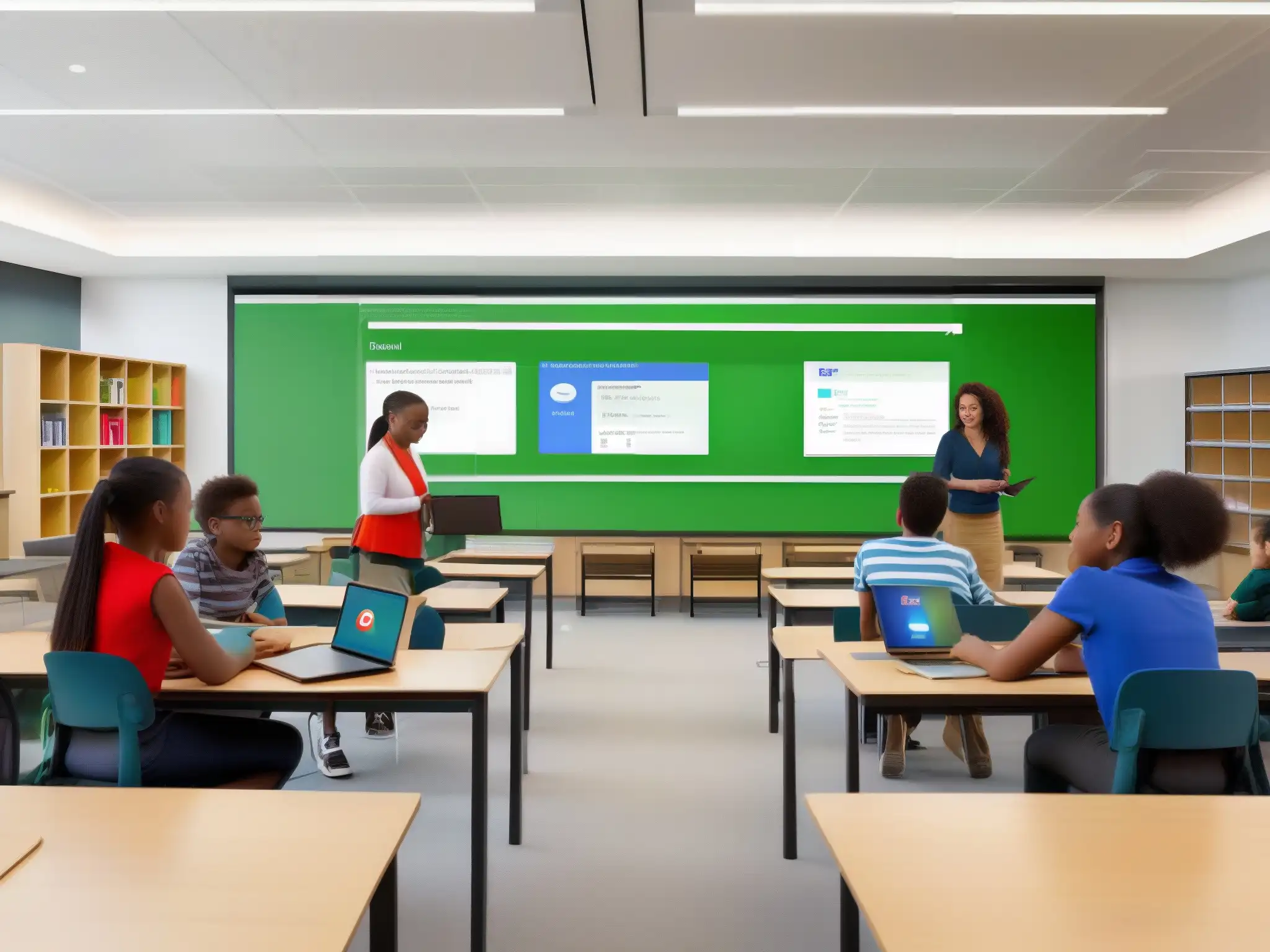Aula digital con Google Classroom: educación moderna y colaborativa Profesor y estudiantes participan con entusiasmo en una lección virtual a través de Google Classroom
