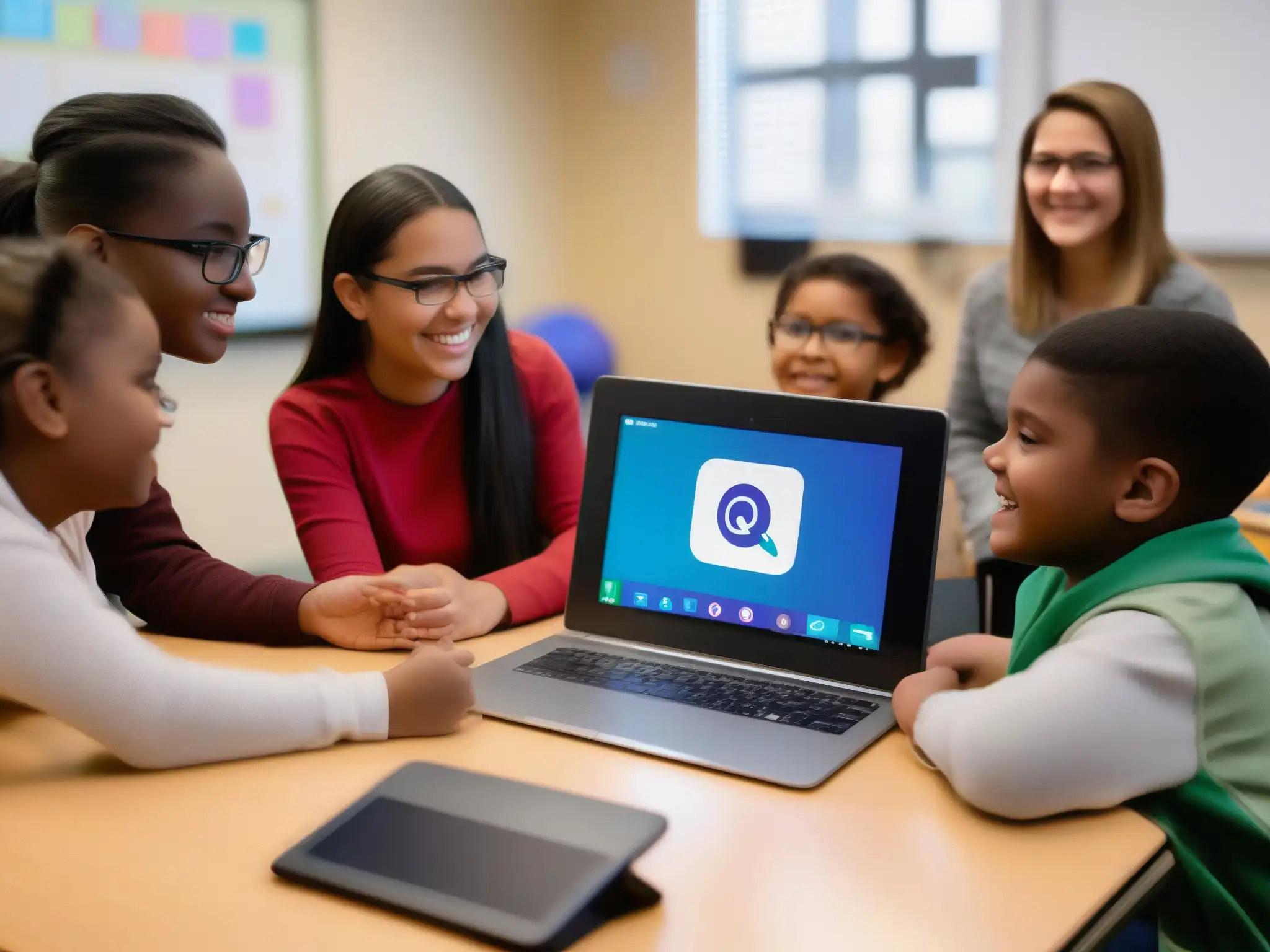 Clase virtual inclusiva para estudiantes con necesidades especiales Profesor y estudiantes de educación especial en videoconferencia con herramientas accesibles