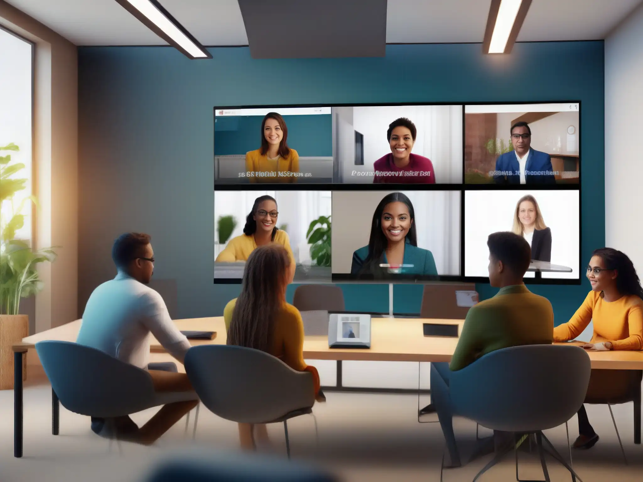Aula virtual dinámica: estudiantes interactúan con fondos virtuales Profesor y estudiantes interactuando con fondos virtuales y filtros videoconferencia en un aula virtual dinámica y envolvente