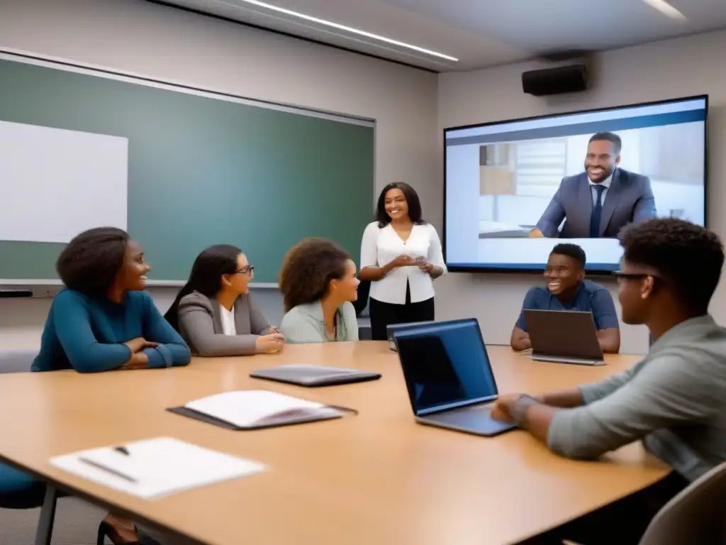 Clase virtual dinámica con estudiantes interactuando Profesor y estudiantes usan herramientas de videoconferencia en una clase a distancia dinámica y colaborativa en un aula moderna