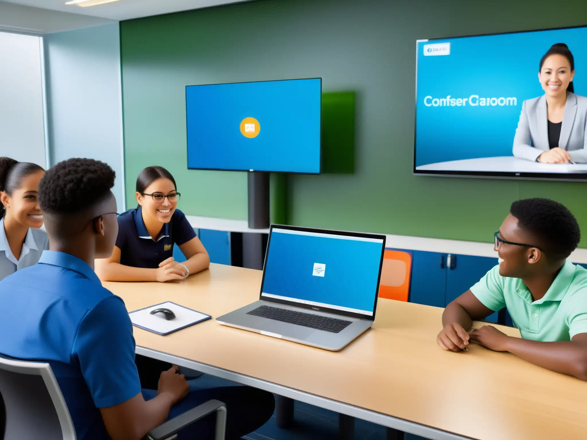 Integración de tecnología en el aula: participación activa y colaborativa Profesor y estudiantes usando integraciones LMS para videoconferencia en aula moderna, creando un entorno de aprendizaje vibrante y colaborativo