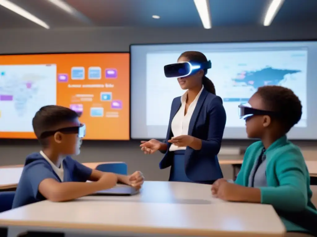 Clase de Realidad Aumentada: Aprendizaje Inmersivo Profesor y estudiantes usan lentes de realidad aumentada en videoconferencias educativas, interactuando con modelos 3D y visualizaciones de datos en un aula futurista