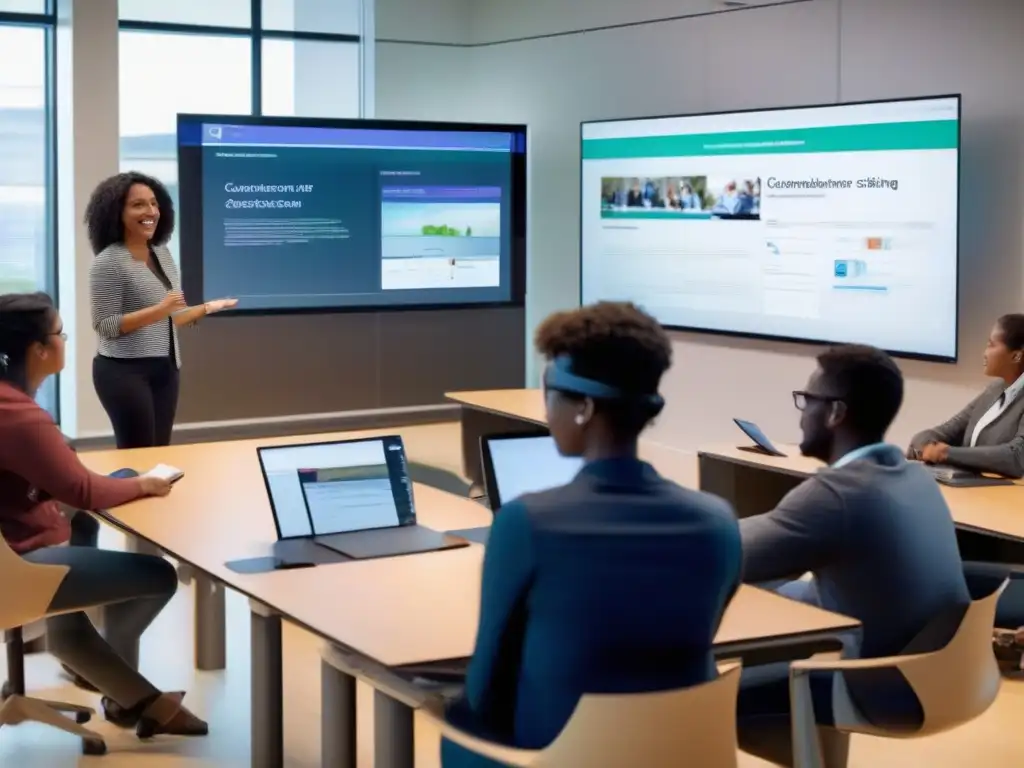 Clase virtual interactiva con herramientas de aprendizaje dinámicas Profesor y estudiantes utilizan las mejores herramientas colaboración clases virtuales en un aula virtual dinámica y tecnológicamente sofisticada