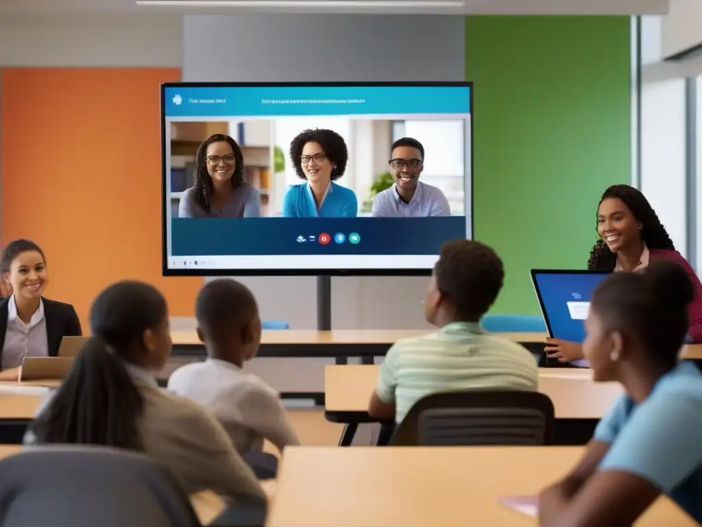 Clase virtual interactiva con estudiantes diversos Profesor y estudiantes usan las mejores herramientas de videoconferencia educativa para interactuar en una lección colaborativa y constructiva