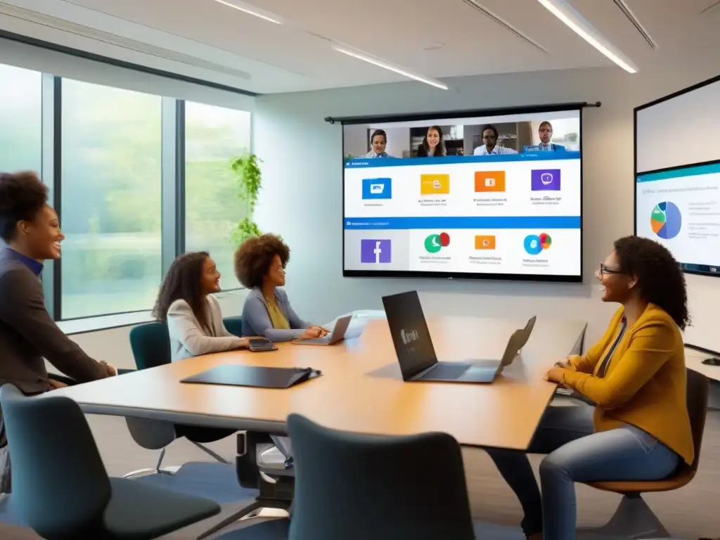 Aula moderna: profesor y estudiantes en videoconferencia Profesor y estudiantes usan plataformas de videoconferencia compatibles en aula moderna con luz natural