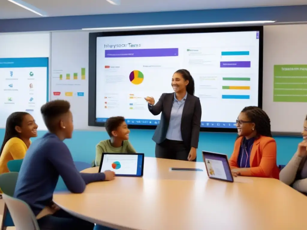 Aula interactiva con Microsoft Teams: aprendizaje innovador Profesor y estudiantes usando Microsoft Teams para maximizar potencial didáctico en aula moderna llena de tecnología educativa