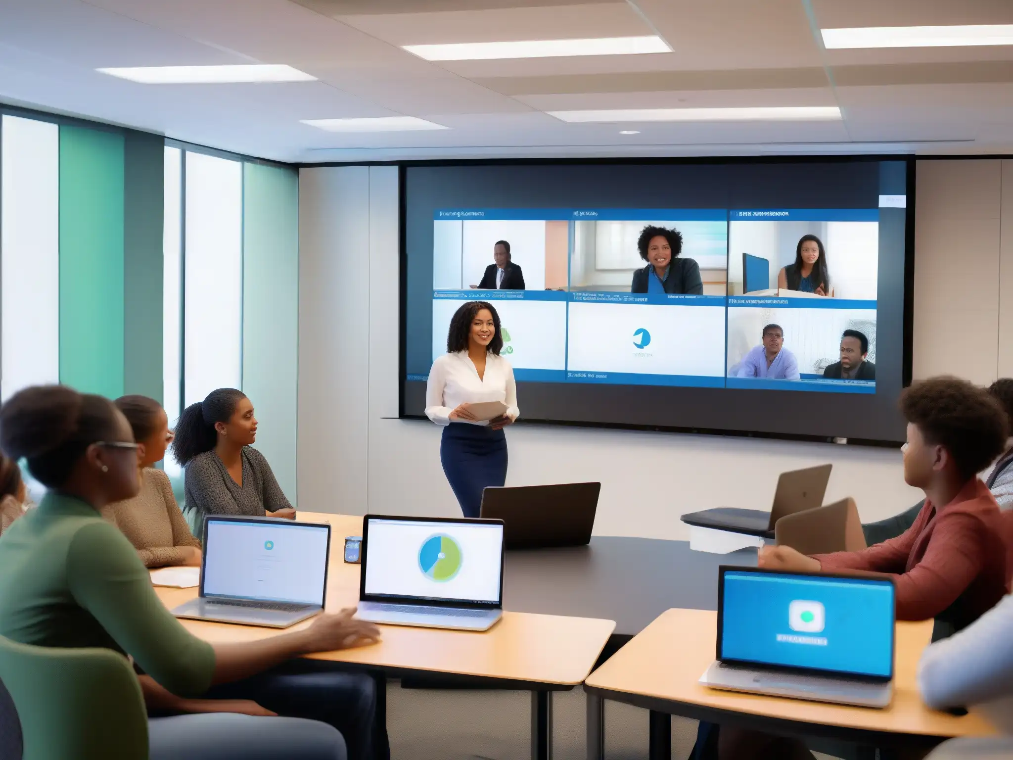 Clase moderna con estudiantes diversos participando en discusión dinámica Profesor integrando estudiantes presenciales y remotos en una animada discusión en un aula moderna equipada con las mejores plataformas de videoconferencia para educación online