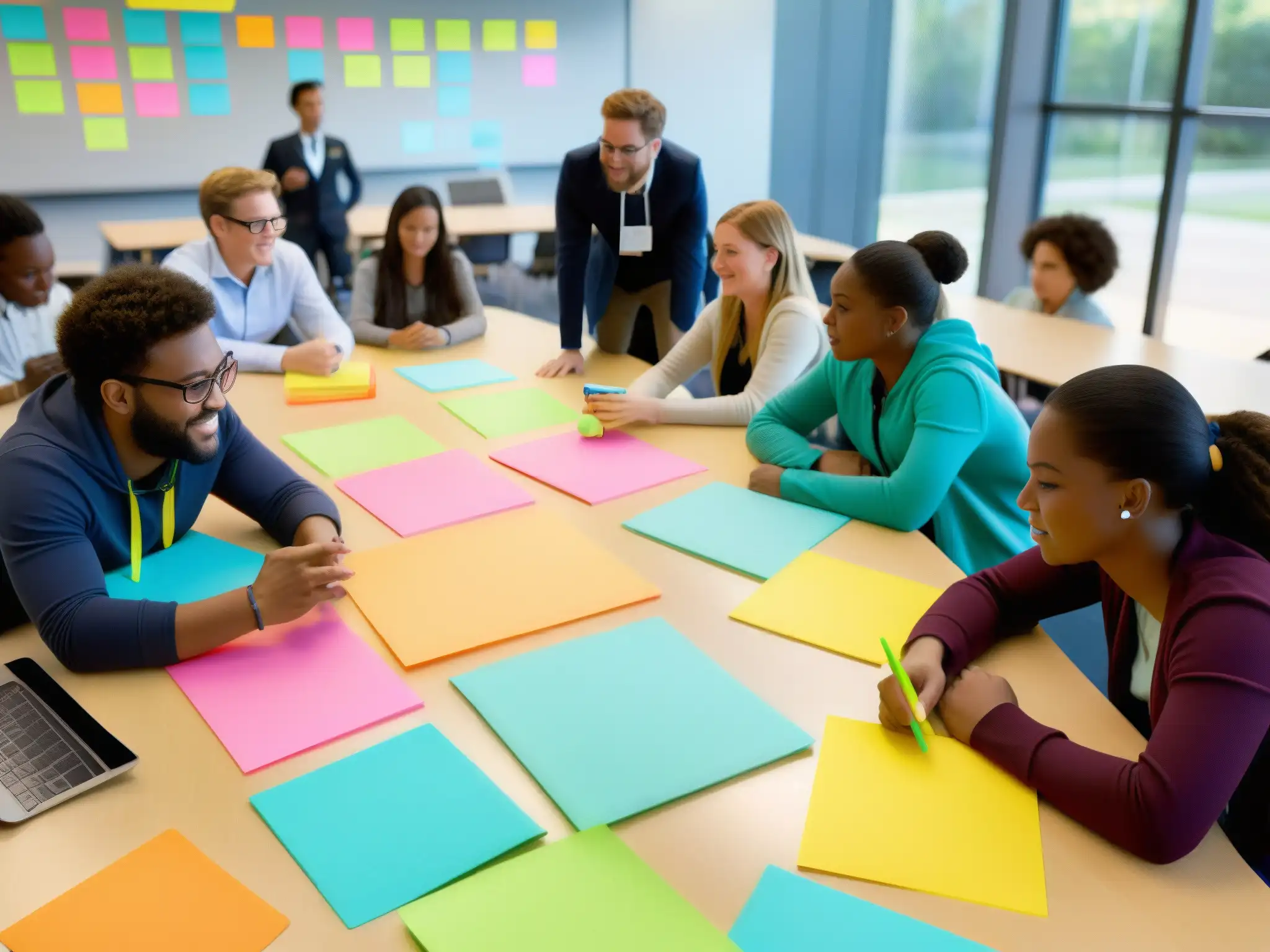Colaboración dinámica en aula moderna con Asana Profesor y estudiantes colaboran en proyecto educativo usando Asana en aula moderna con organización efectiva