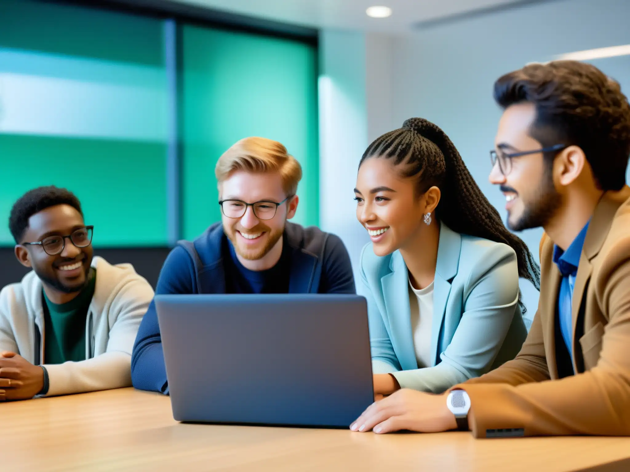 Estudiantes y profesor colaborando con entusiasmo en Zoho Meeting Profesor y estudiantes colaborando en proyecto de fin de año con herramientas de videoconferencia para proyectos