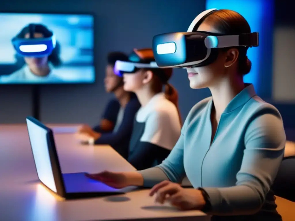 Clase de realidad virtual: aprendizaje inmersivo en ambiente futurista Profesor y estudiantes en simulación de realidad virtual, interactuando en un aula futurista con tecnología holográfica