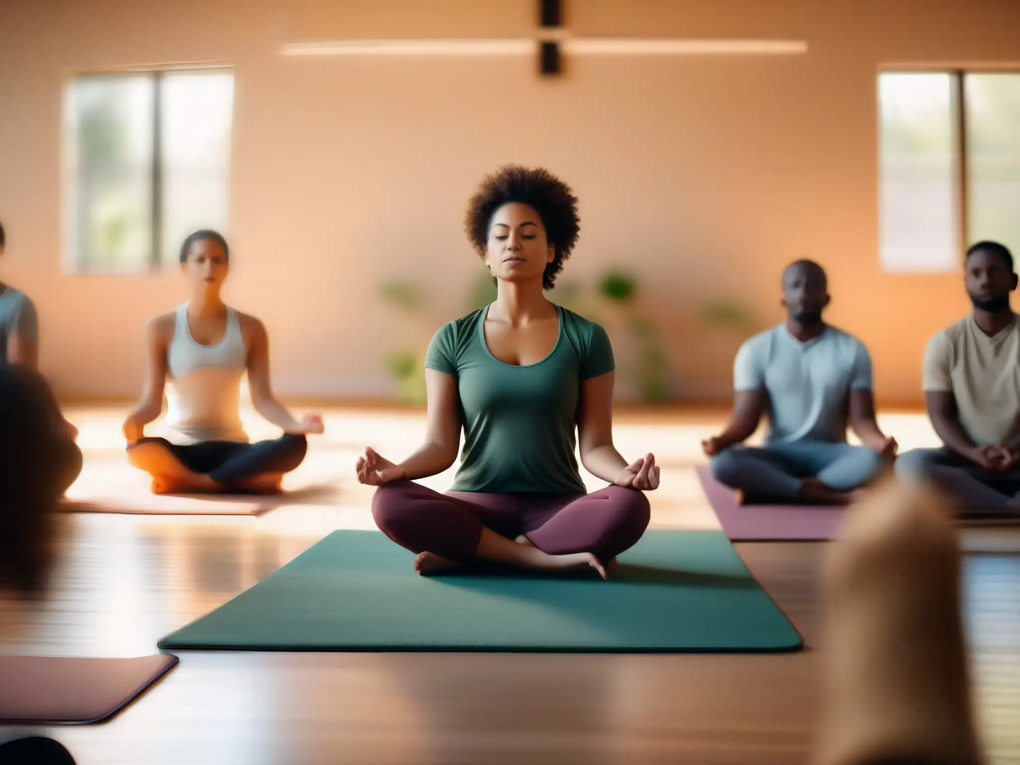 Mindfulness en la educación virtual: meditación guiada en aula moderna Profesor y estudiantes practican técnicas de mindfulness en videoconferencia, creando un ambiente sereno y concentrado en una aula moderna