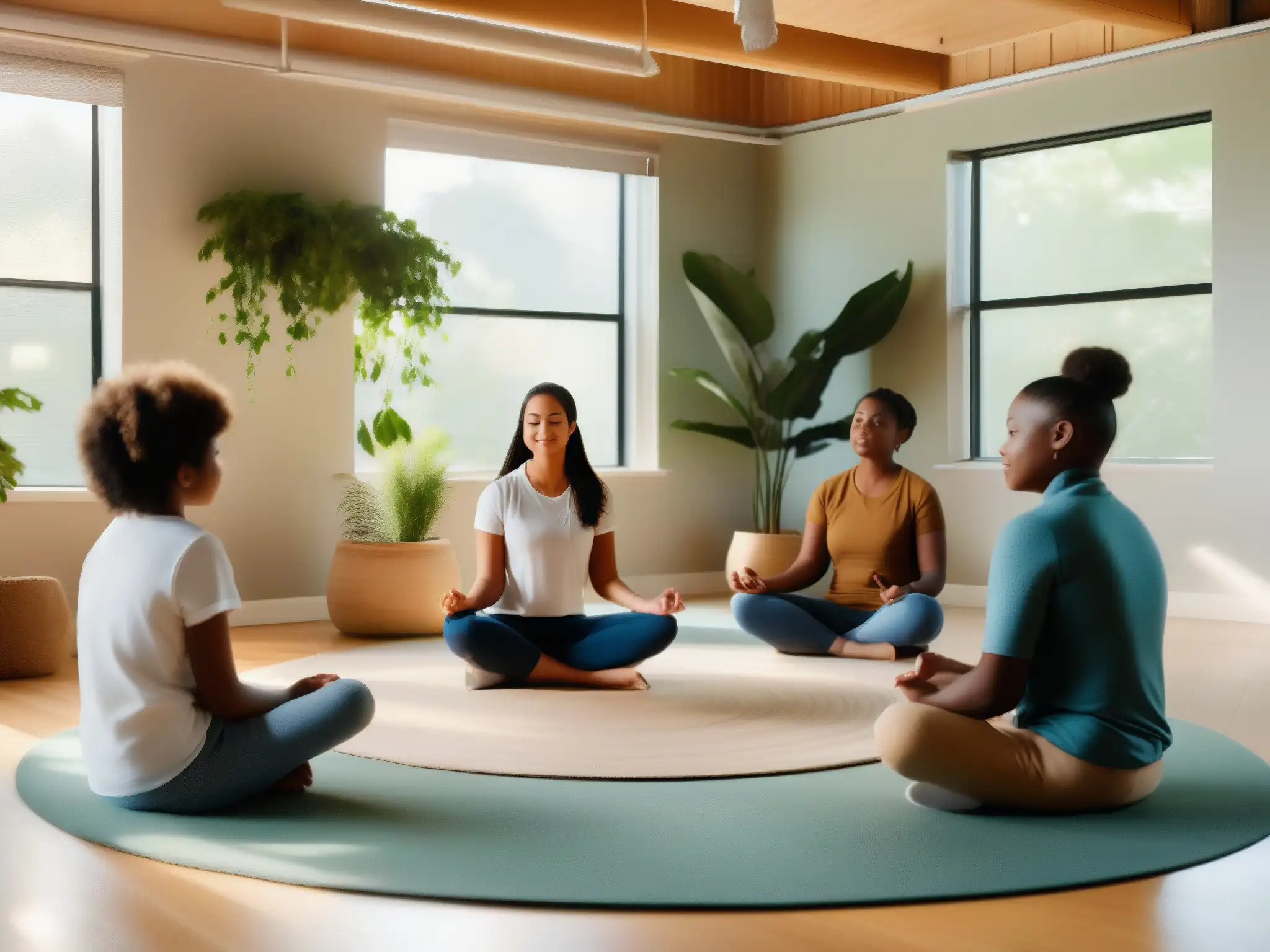 Práctica de Mindfulness en un Aula Moderna y Serena Profesor y estudiantes practican técnicas de mindfulness en videoconferencia en un aula moderna y serena, llena de luz natural y plantas