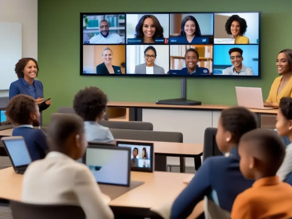 Clase virtual dinámica: maestro y alumnos conectados Profesor y estudiantes participan en una videoconferencia dinámica