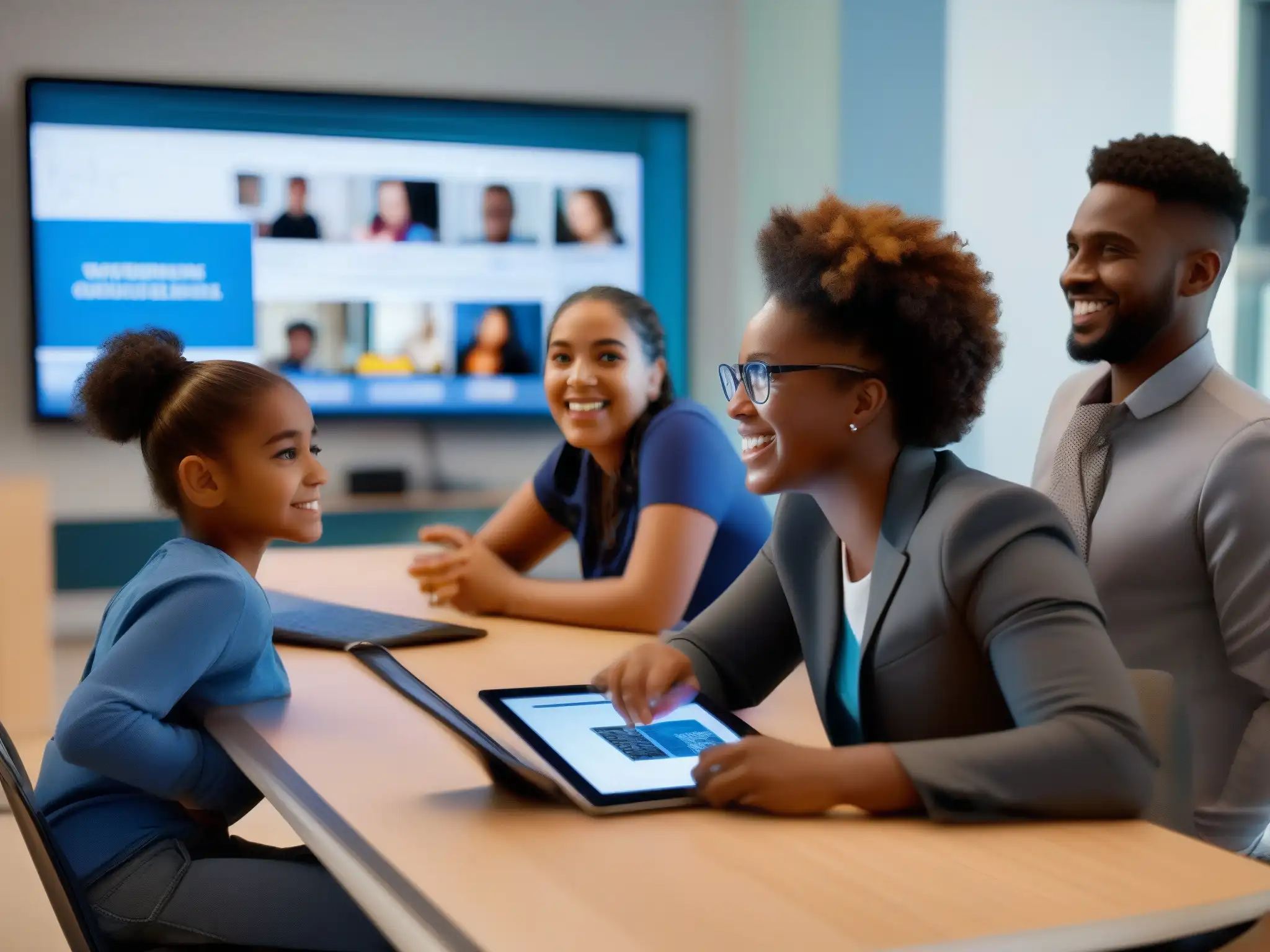 Clase virtual dinámica con tecnología de vanguardia Profesor y estudiantes participan en videoconferencia educativa, mostrando nuevas tendencias en educación a distancia