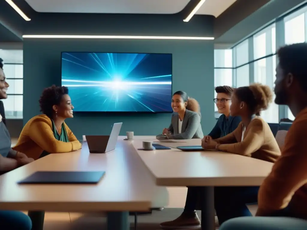 Aula del futuro: educación interactiva y colaborativa con hologramas Profesor y estudiantes participan en una videoconferencia educativa futurista, fomentando la integración de plataformas educativas