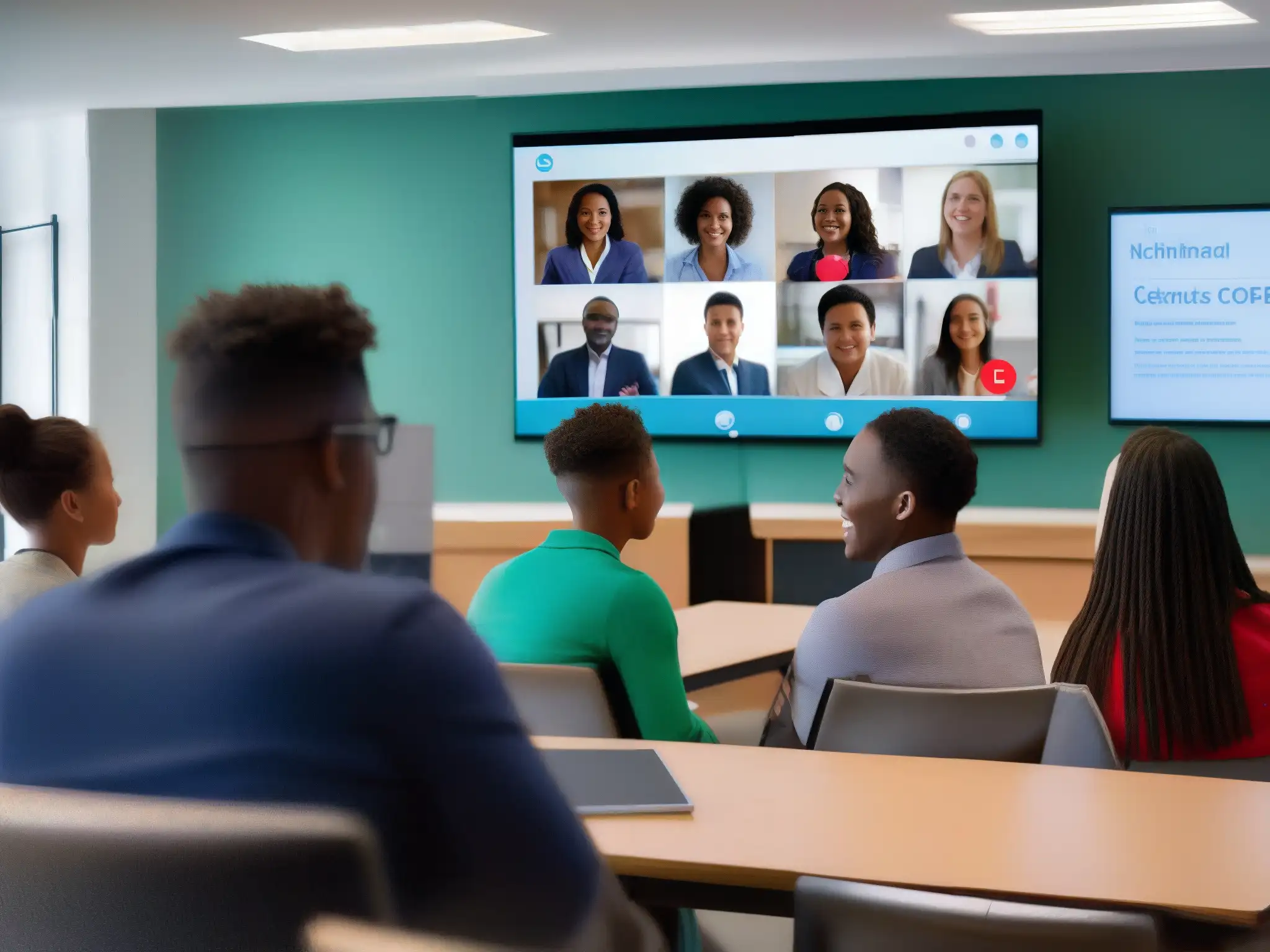 Clase virtual interactiva con estudiantes diversos y maestro Profesor y estudiantes participan en una videoconferencia interactiva, usando herramientas de videoconferencia para educadores en un aula moderna y equipada