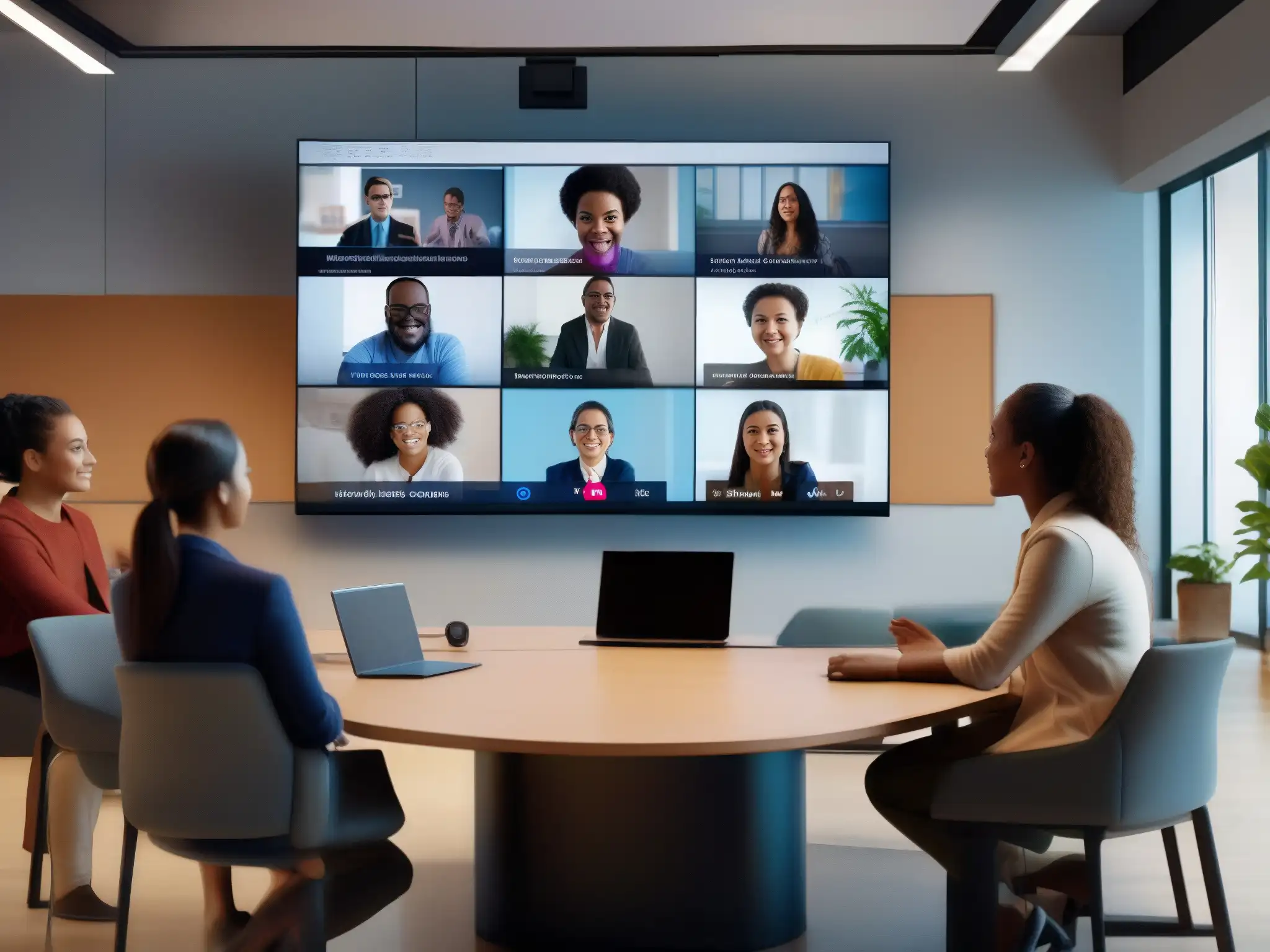 Maestra líder en videoconferencia educativa 8K Profesor y estudiantes en videoconferencia, mostrando las mejores prácticas de educación en línea con tecnología avanzada y compromiso