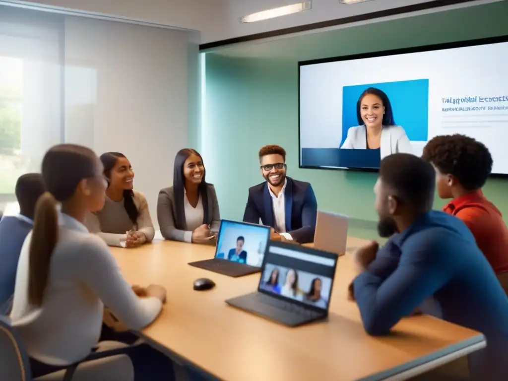 Clase virtual de alta calidad: participación activa y entusiasmo Profesor y estudiantes en videoconferencia con menor latencia en un aula moderna y bien iluminada