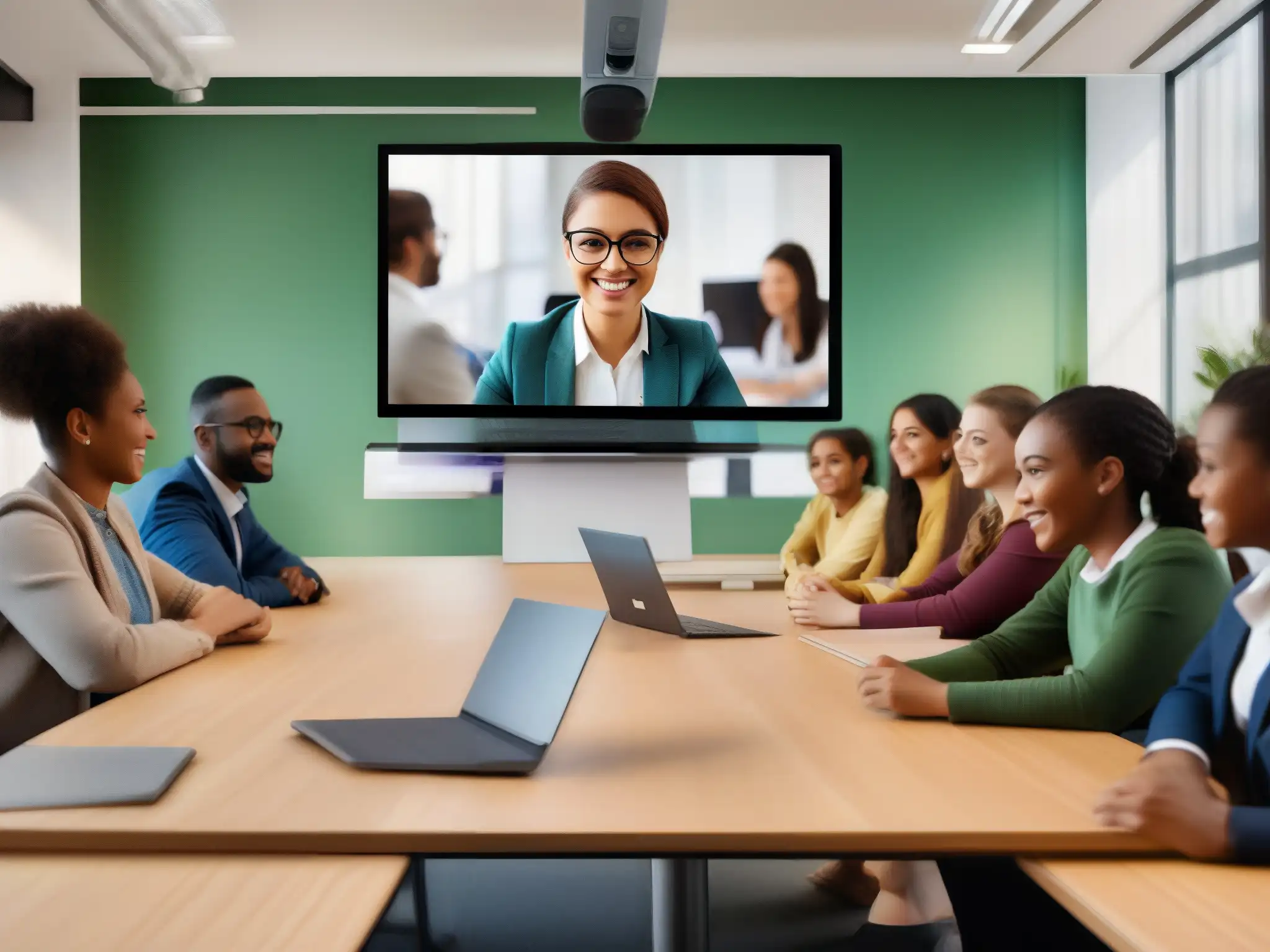 Clase virtual con estudiantes participando en videoconferencia Profesor y estudiantes en videoconferencia, integrando plataformas de videoconferencia escalables en entorno educativo moderno y dinámico