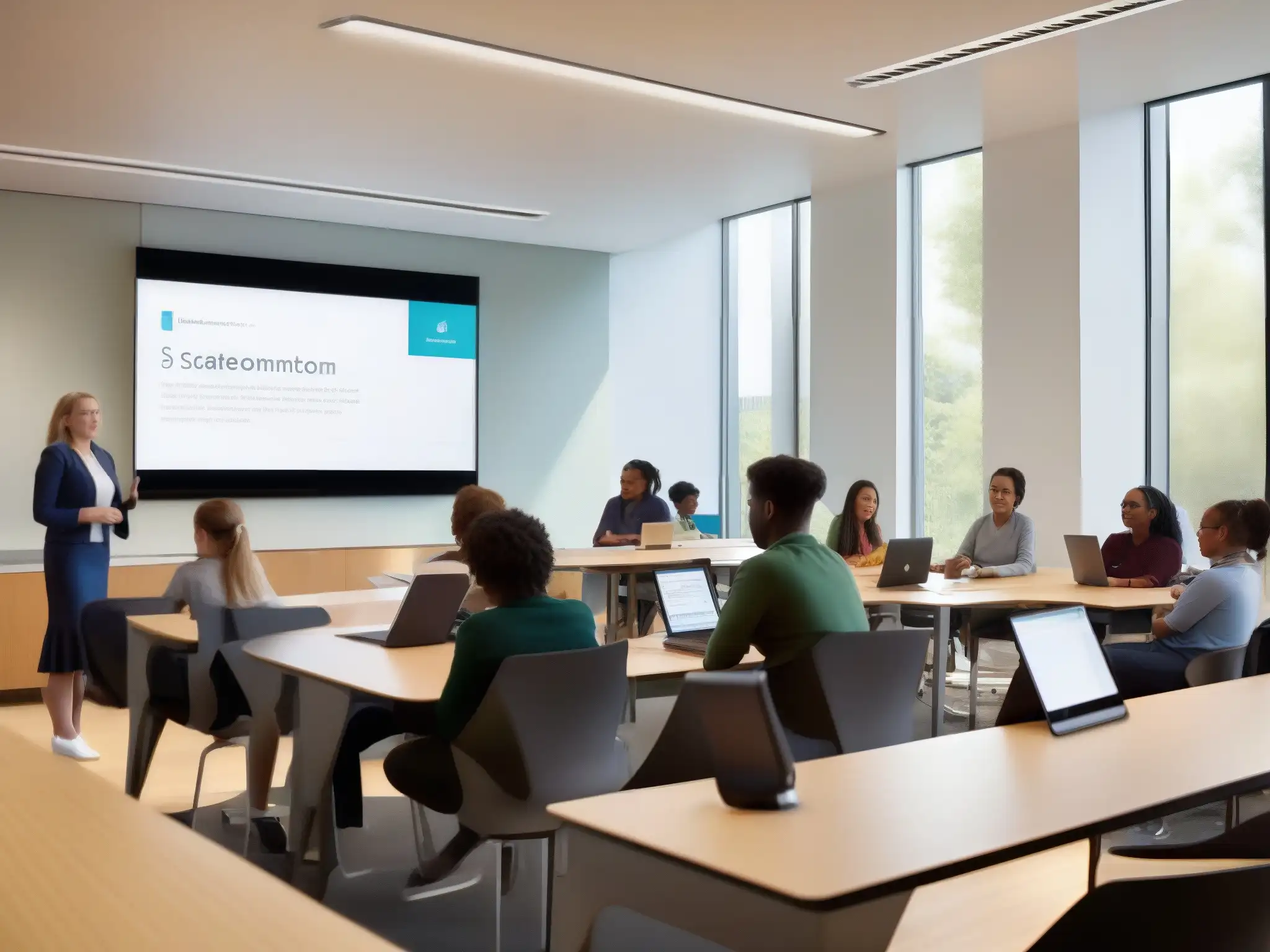 Aula moderna con tecnología e interacción dinámica Profesor utiliza herramientas de videoconferencia para aula invertida en moderno salón de clases con estudiantes participativos