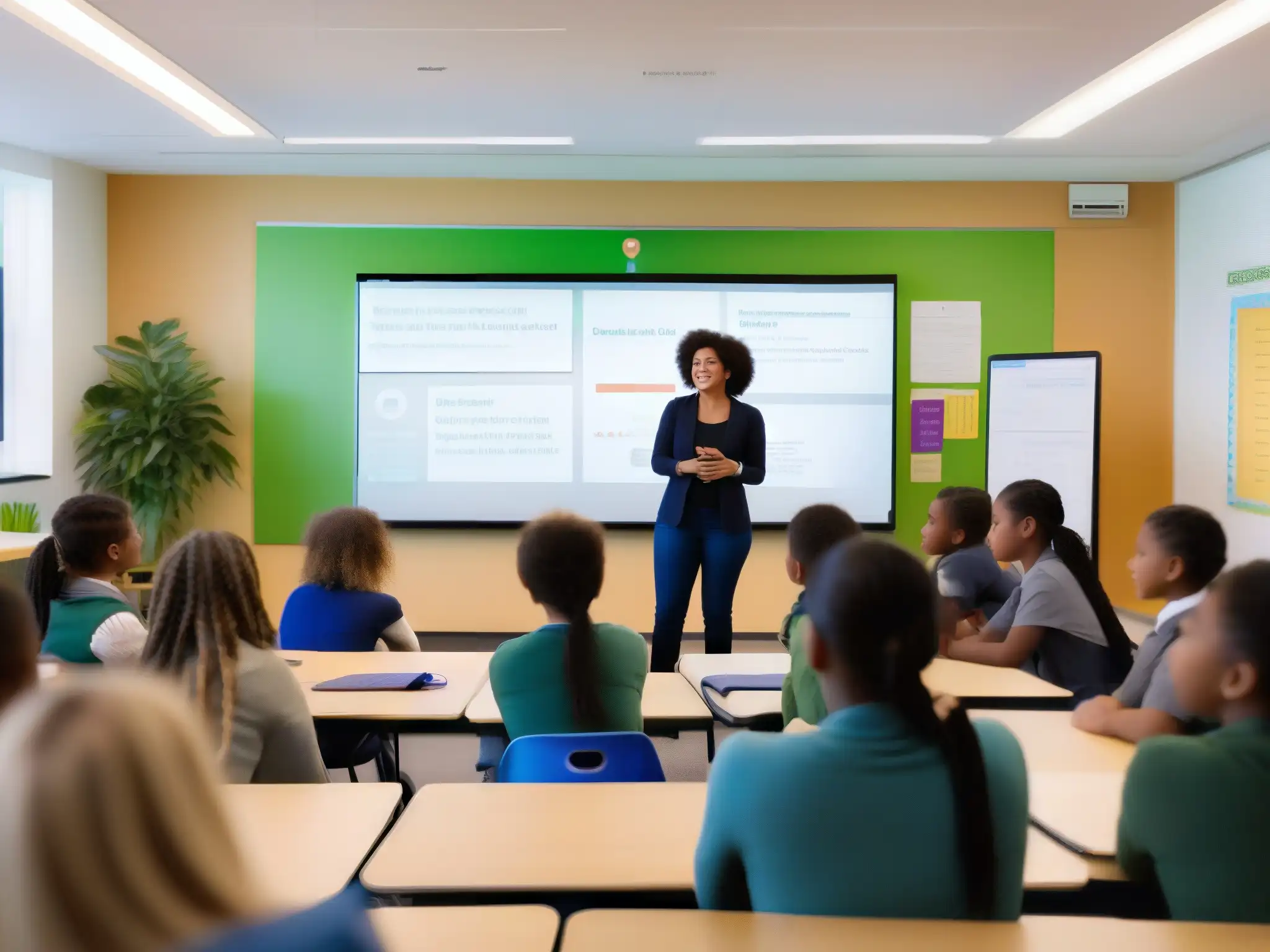 Clase emocionalmente consciente: estudiantes participativos en aula moderna Profesor enseña la importancia de las emociones a alumnos diversos en aula moderna con videoconferencias