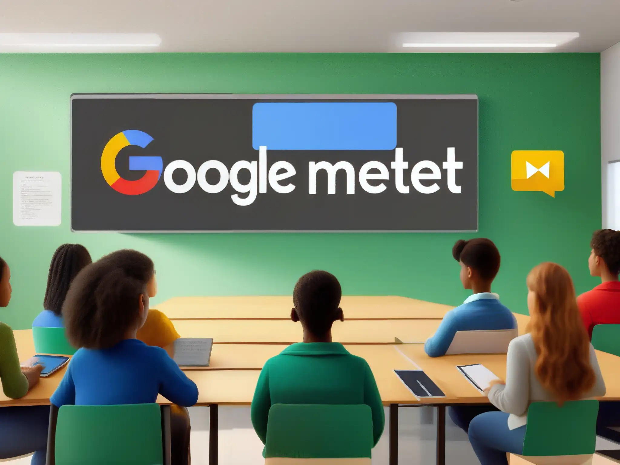 Clase virtual inclusiva con Google Meet Profesor liderando una sesión de Google Meet inclusiva con estudiantes en un aula moderna