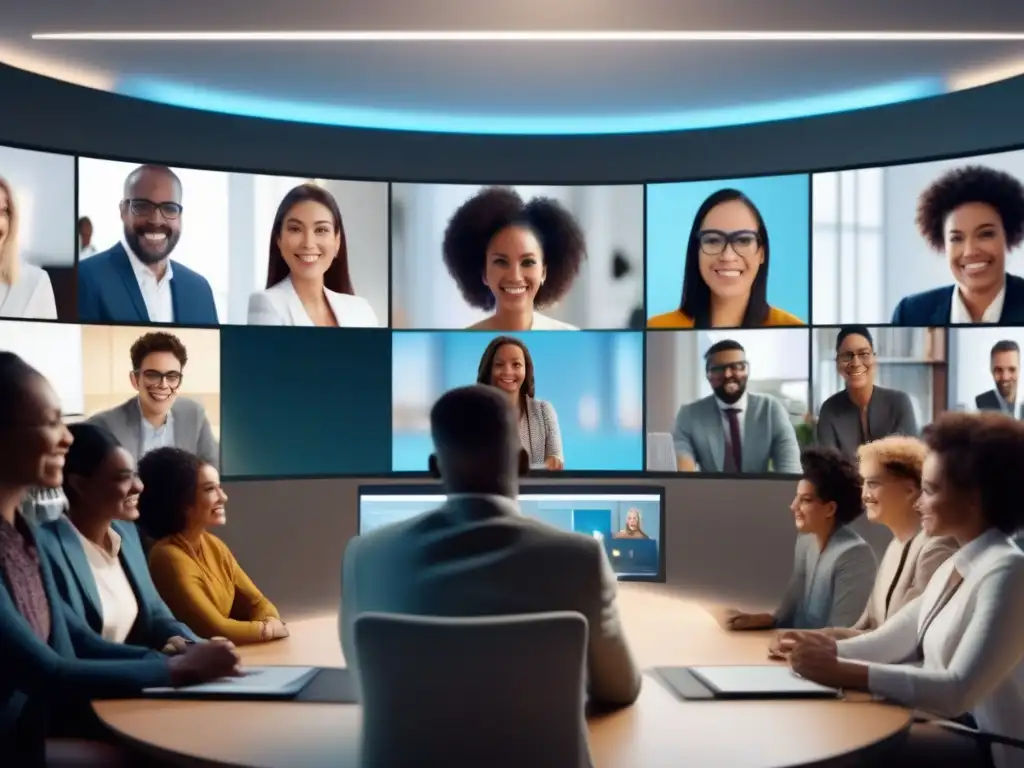 Clase virtual dinámica con profesor experto y alumnos comprometidos Profesor liderando una videoconferencia automatizada de formación a distancia con estudiantes atentos en un entorno virtual futurista y envolvente