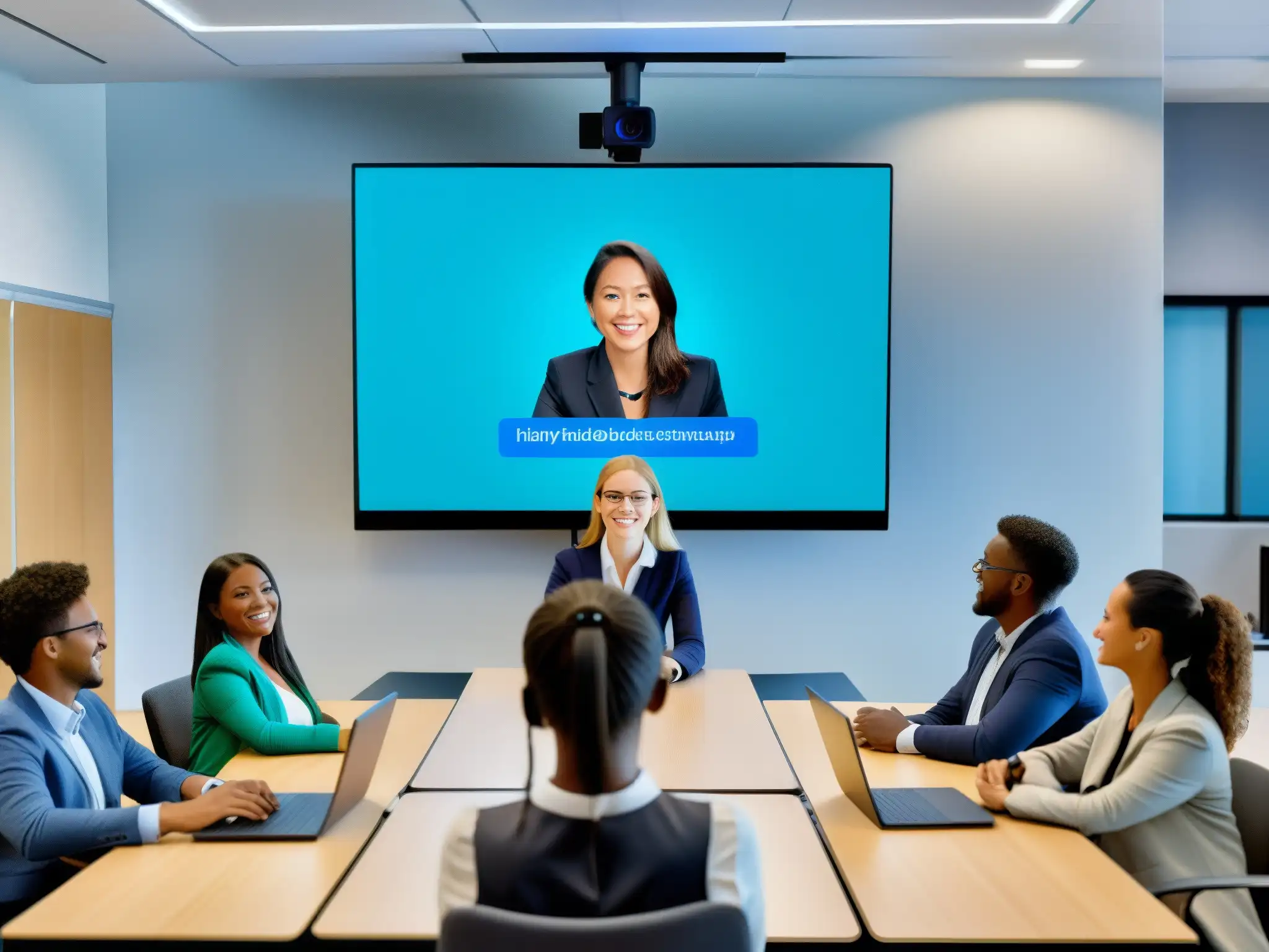 Clase virtual dinámica con profesor y estudiantes participativos Profesor lidera videoconferencia con avanzadas herramientas para enseñanza online, involucrando a estudiantes